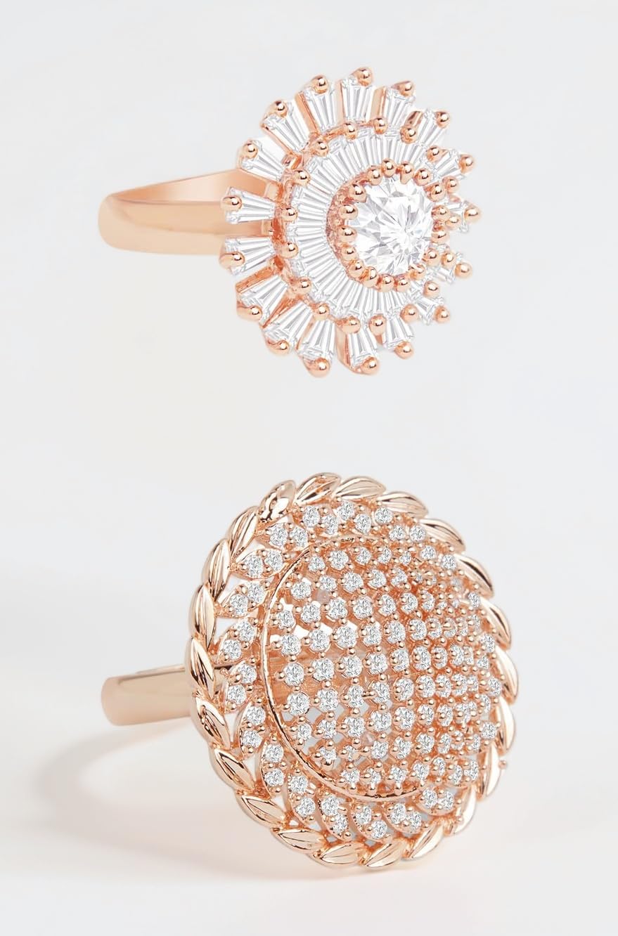 Set of 2 Rose Gold Cubic Zirconia Contemporary Adjustable Finger Rings For Women-ZPFK13455