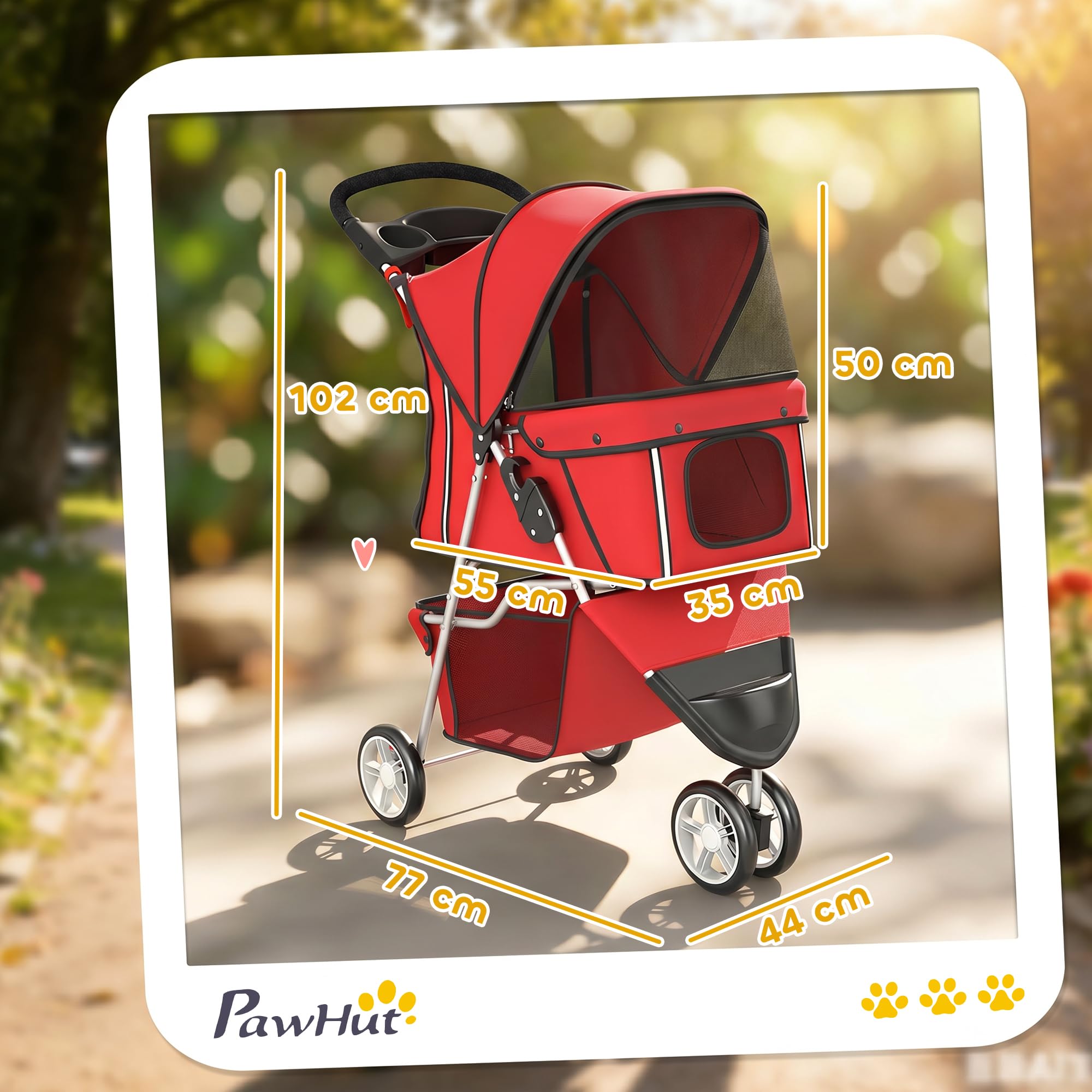 PawHut Poussette Buggy Pliable Animaux Chien Tout Terrain Rouge | Chariot Pliant Chien Chat, Panier de Rangement Inclus, Roues Avec Frein, Tissu 600D Oxford Acier, Porte-Gobelet, 75x45x97cm