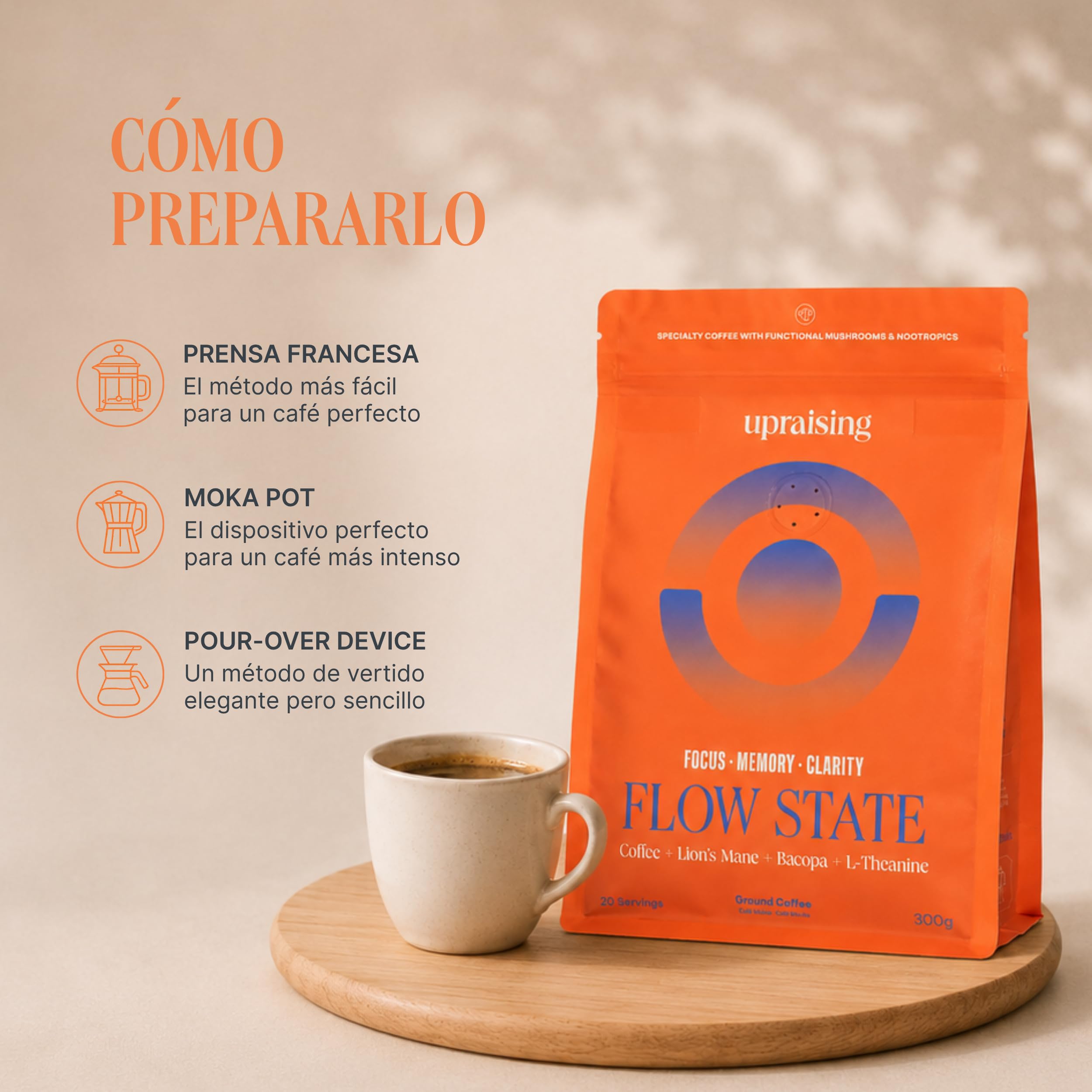 Flow State - Cafe Con Hongos Funcionales, 300 g | Mezcla de Cafe Arabica + Melena de Leon + Bacopa Monnieri + L-Theanine | Mejora Tu Memoria, Claridad y Concentracion | 100% Clean Label