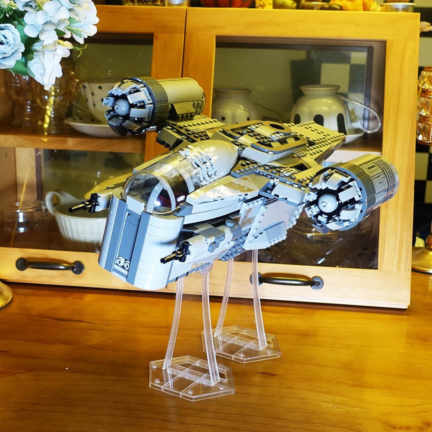 (2 Packs) Display Stands for LEGO 10300 Time Machine, 75394 Imperial Star Destroyer, 75389 75257 Millennium Falcon, Single stand for X-Wing TIE etc Kits, Angle Display, Plastic Transparent Display Stands Brackets only.