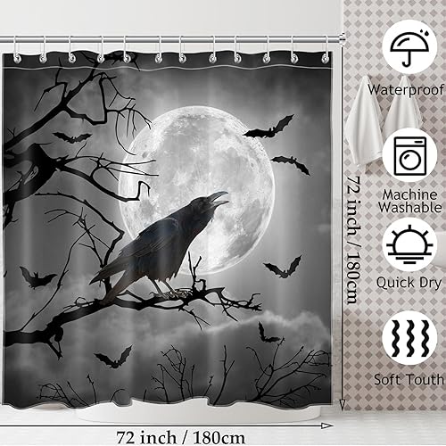 Miniatura 6 de LB Cortina de ducha gris de Halloween, cuervo negro sobre árbol muerto, juego de cortina de ducha de luna de terror, murciélago aterrador en bosque
