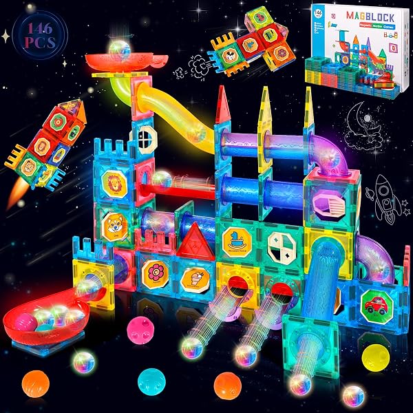 JUQG 146 Pcs Bloques de Construcción Magnéticos, Juego Construcción en 3D con Tuberías, Juguetes de Bloques de Construcción Educativos, Juguetes de Construcción para Niños para Niños Niñas 3+ (146Pcs) - 1