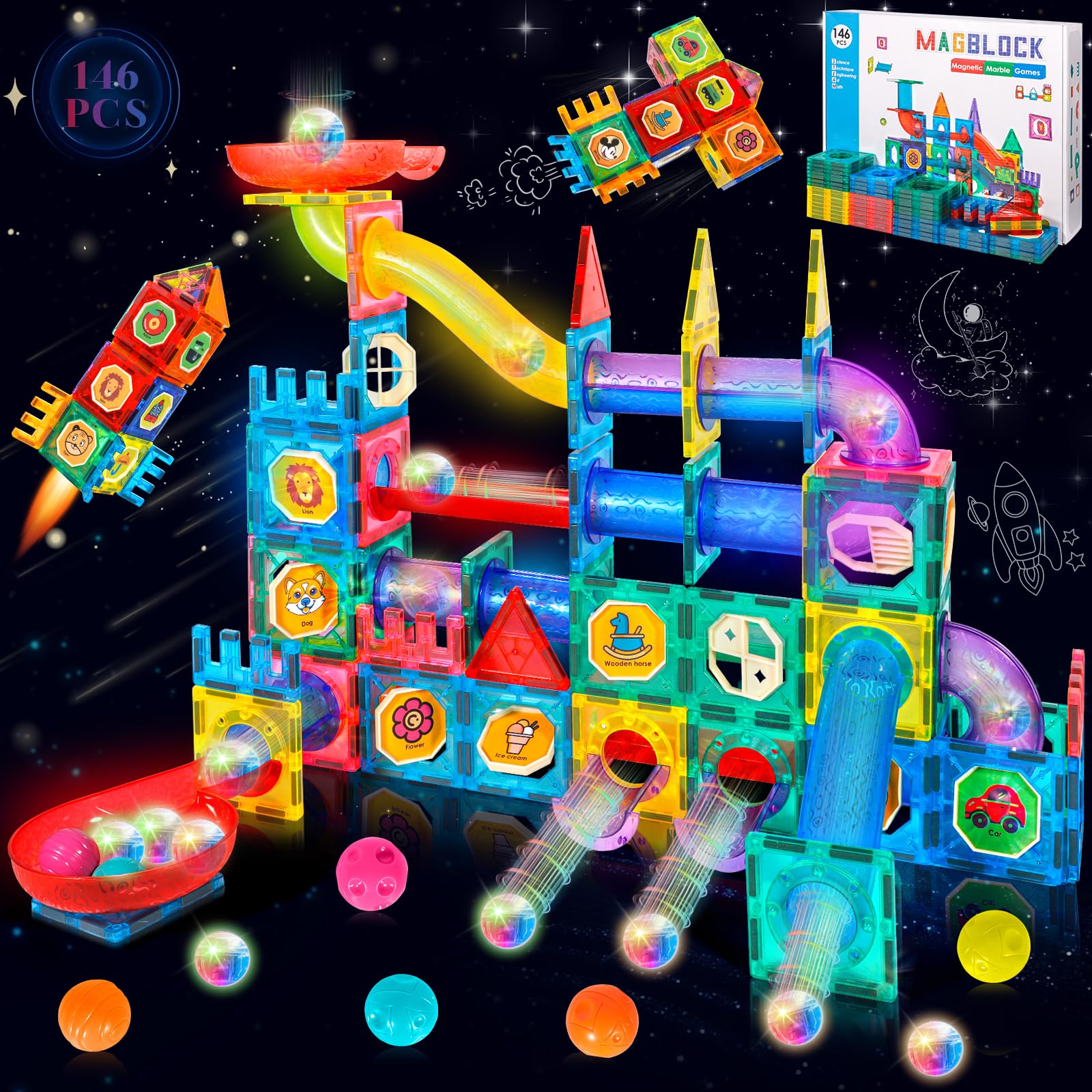 JUQG 74 Pcs Bloques de Construcción Magnéticos, Juego Construcción en 3D con Tuberías, Juguetes de Bloques de Construcción Educativos, Juguetes de Construcción para Niños para Niños Niñas 3+ (74Pcs) — view 12