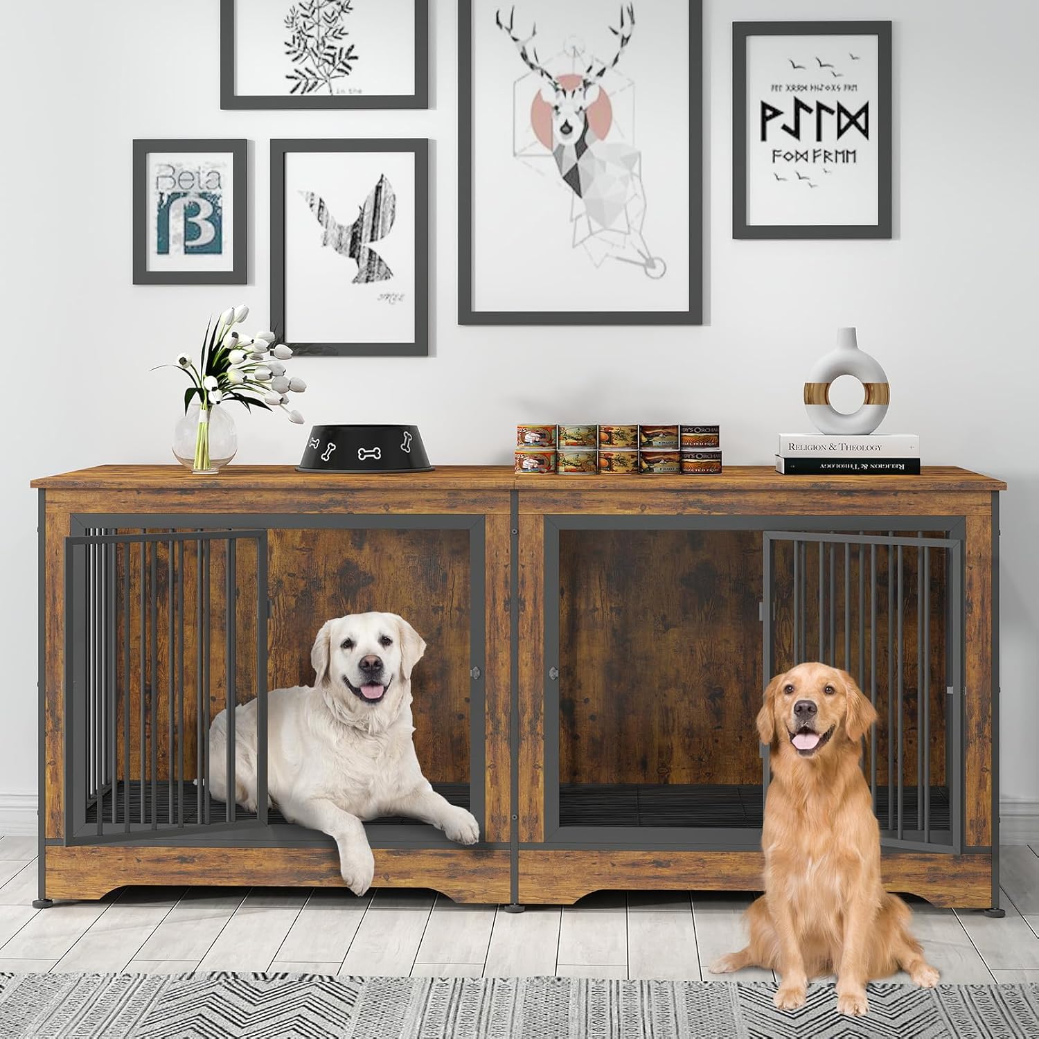 Yafylly Double Dog Crate Furniture for 2 Dogs, 75 Inch Furniture Kennel with Divider, Brown Durable Multifunctional Dog Kennel TV Stand with 2 Drawers and Sliding Doors