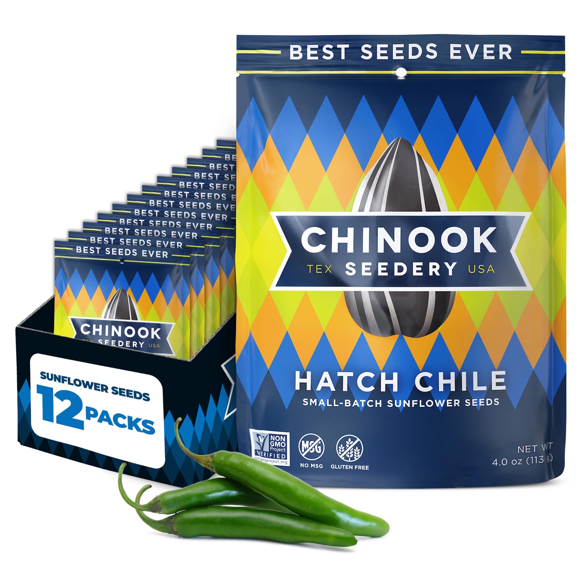 Chinook Seedery Sunflower Seeds to Eat — Jumbo, Flavored, Roasted, Low Sodium Snacks — Keto Friendly, Gluten-Free, Non-GMO — Hatch Green Chile Flavor 4 oz (12-Pack)