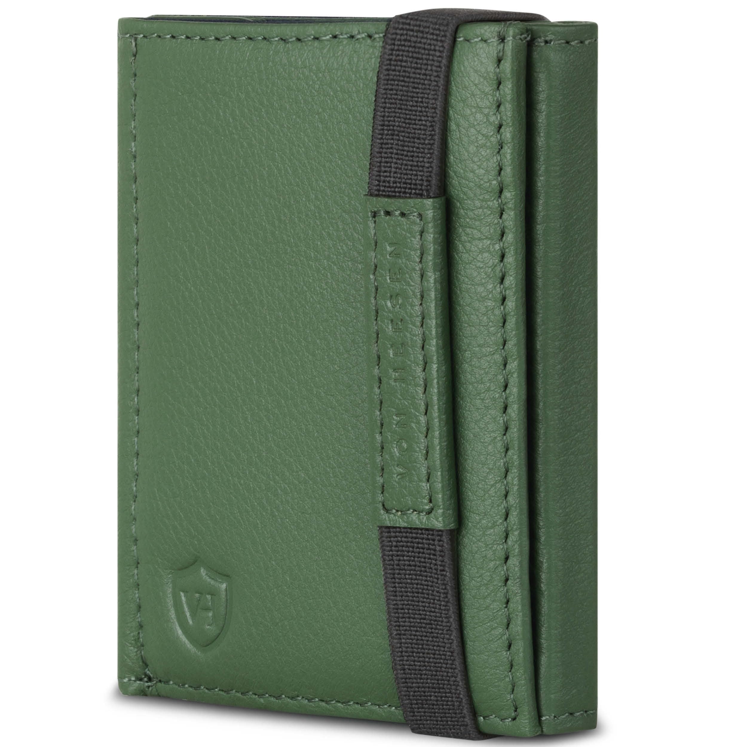 VON HEESEN Slim Wallet mit RFID Schutz - Geldbörse Herren klein - Mini Geldbeutel Damen Portmonee - Kartenetui Echtleder Karten Portemonnaie - Leder Kreditkartenetui Grün