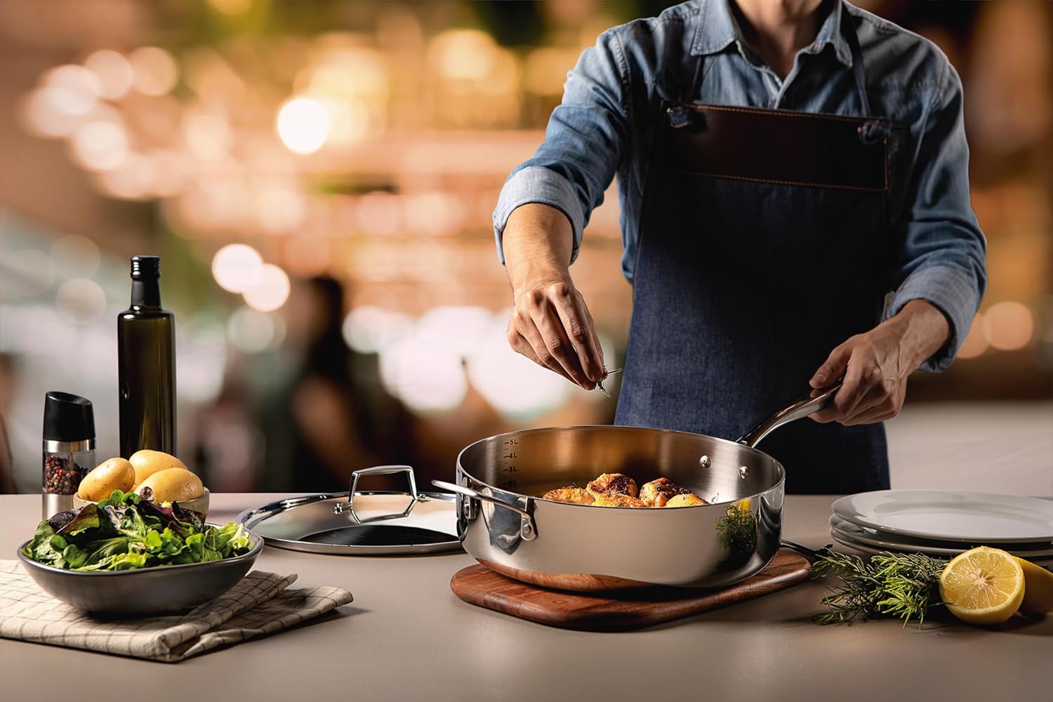 Tramontina Grano Stainless Steel Frying Pan with Triple Body with Lid and Handle 12" 5.6 L