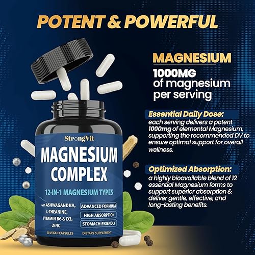 Miniatura 6 de Complejo de magnesio para mujeres y hombres, suplemento de magnesio 12 en 1, 1000 mg de glicinato, citrato, malato, óxido y más. Alta absorción,