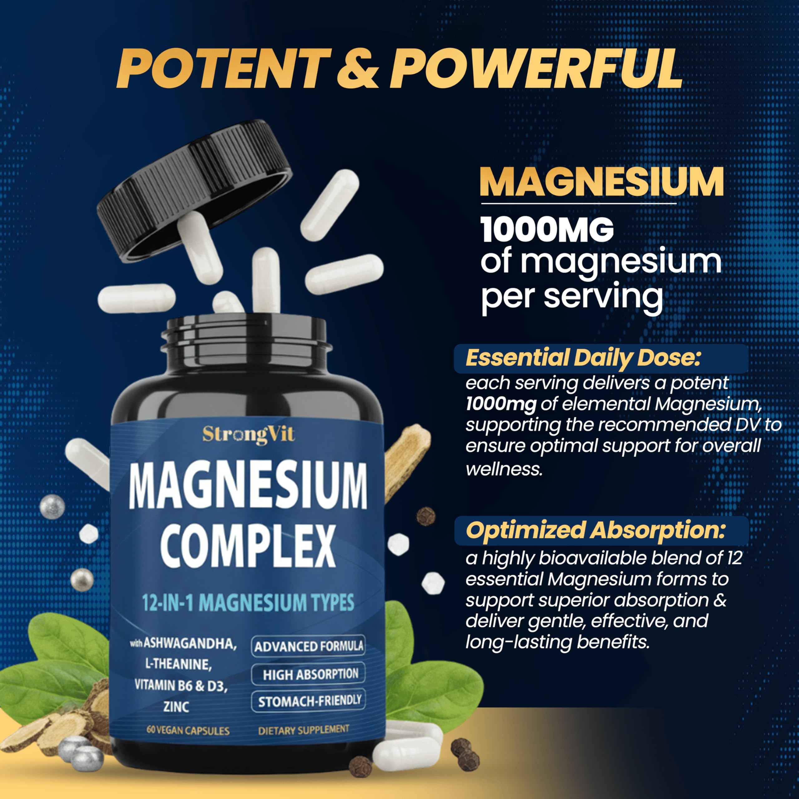 StrongVit 12 in 1 Magnesium with Ashwagandha, Zinc, B6 & D3-60 Caps — Amazon image 6