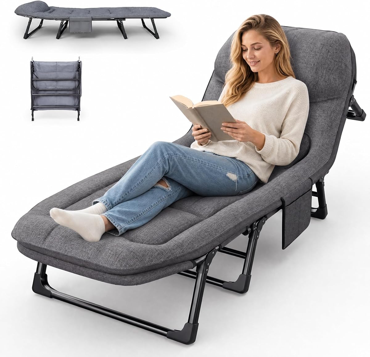 Aoran Cuna de camping para adultos, cama plegable con respaldo ajustable de 6 niveles, cuna reclinable resistente con colchón y almohada, cuna al aire libre para camping, hogar y oficina, soporta 450 libras