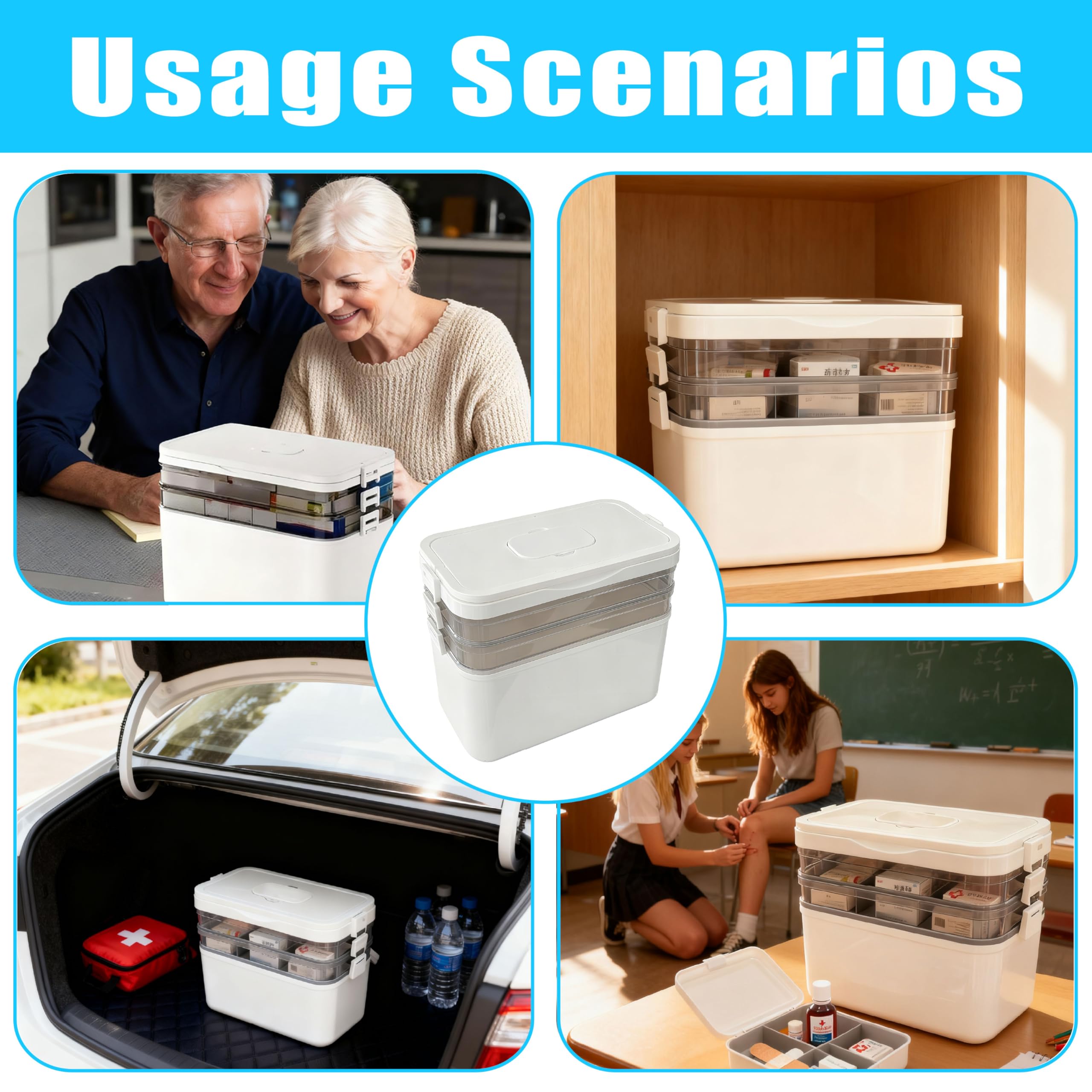 Caja de medicamentos de 3 niveles con asa de transporte, color blanco, con compartimentos extraíbles, ideal para el hogar, viajes y oficina, caja grande de primeros auxilios (31 x 16,5 x 25,5