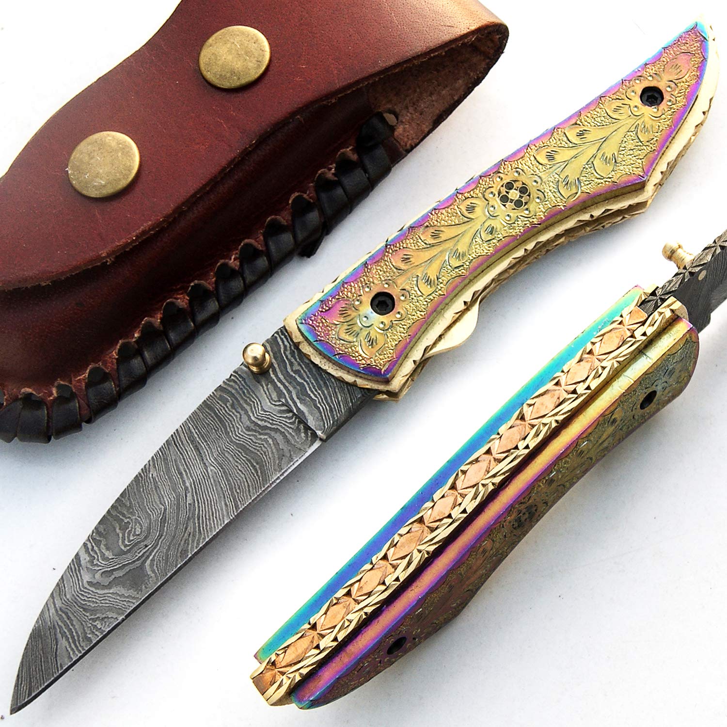 SJRJ 9515 TITANIO cuchillo de hoja de acero de damasco hecho a mano personalizado con funda casa cocina cocinero jardín que acampa herramienta de colección mango pesca y otros cuchillos