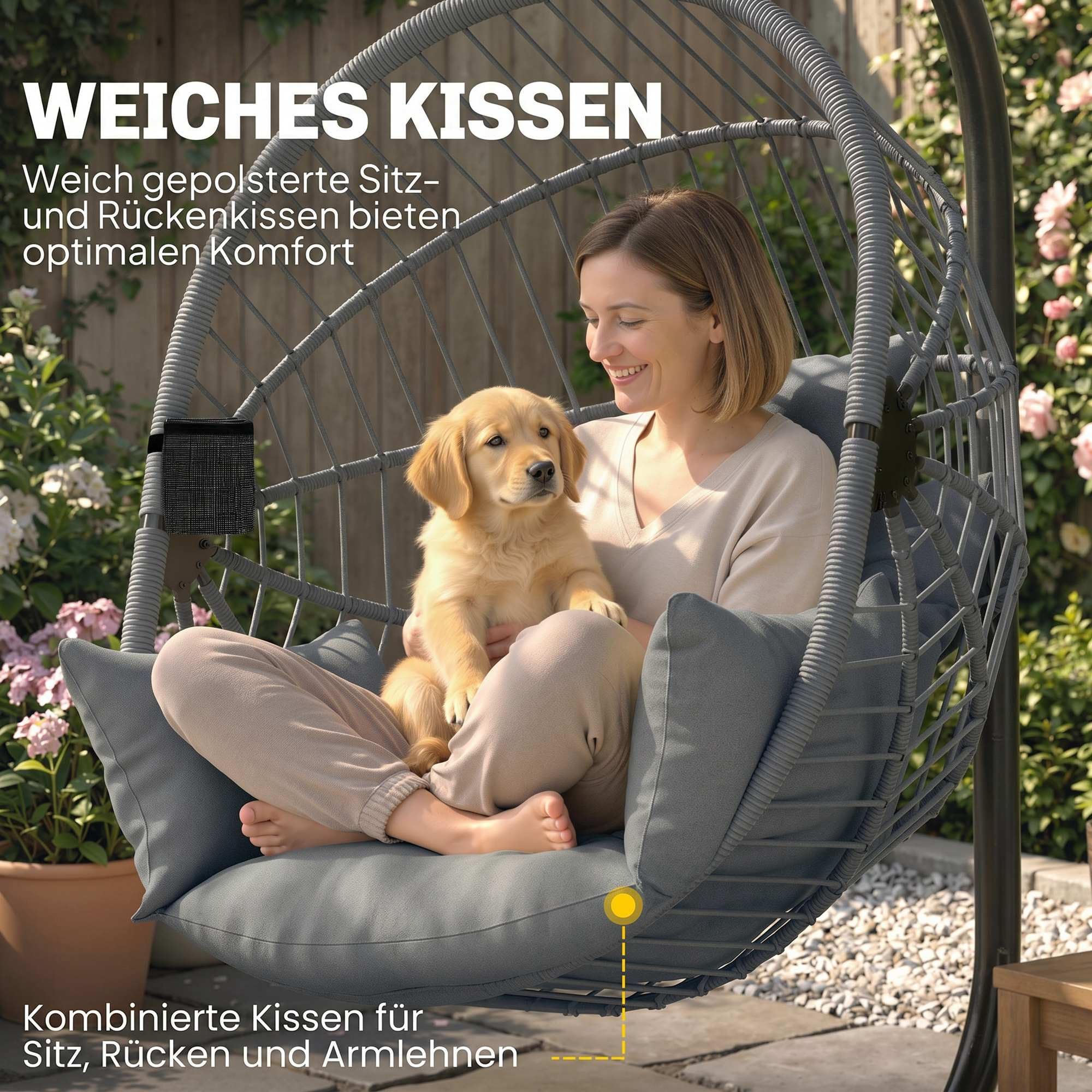 Outsunny Fauteuil Suspendu, Fauteuil œuf Suspendu, Chaise hamac balançoire - Panier Pliable, Coussin rembourré, Poche, Oreiller, Chaise Suspendue cocooning intérieur et extérieur, Gris