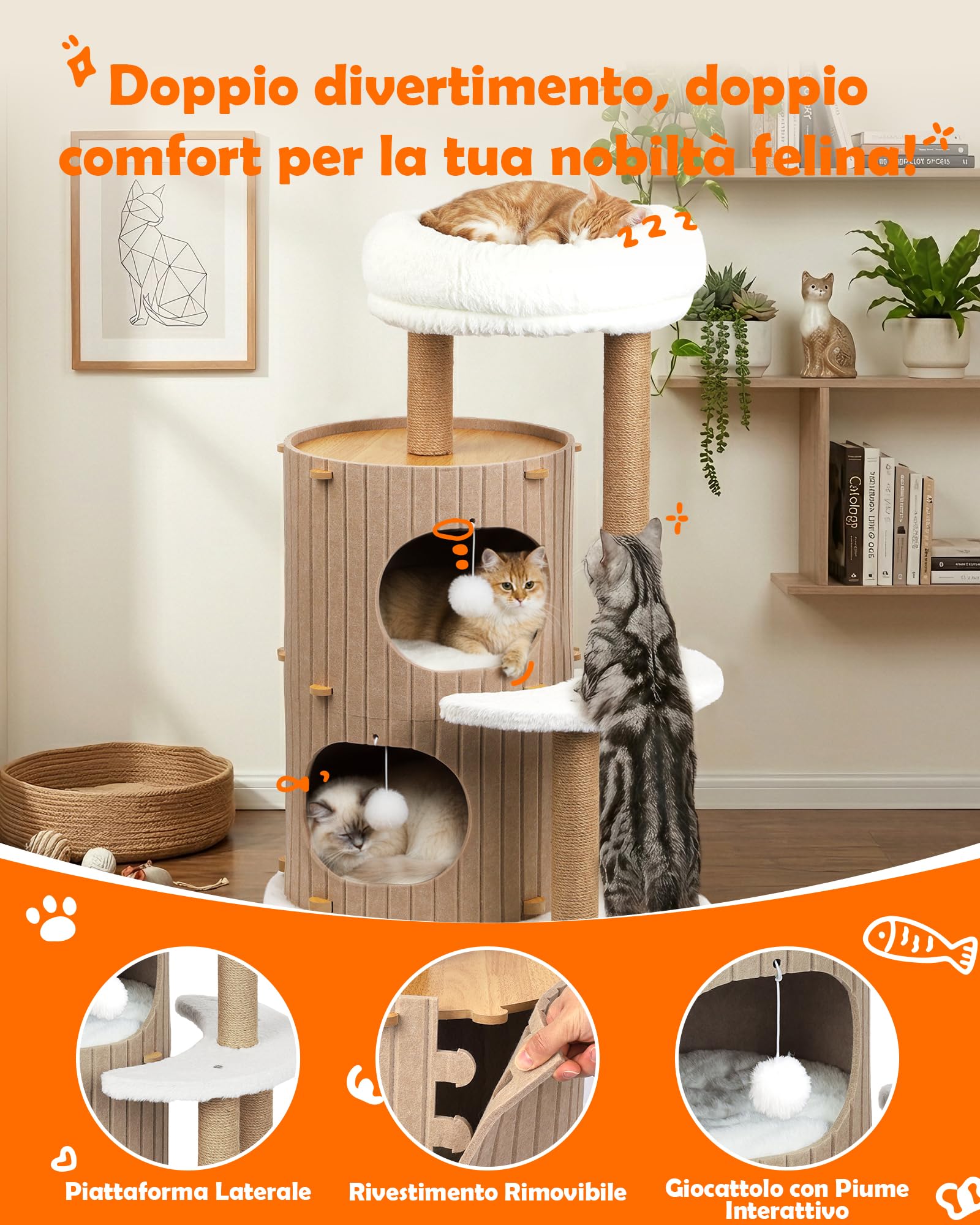 Di lusso Tiragraffi per gatti – Albero di gatto con casetta per gatti, tavola in sisal, letto rimovibile e palla da gioco |Albero da arrampicata (Beige, Tiragraffi per Gatti)