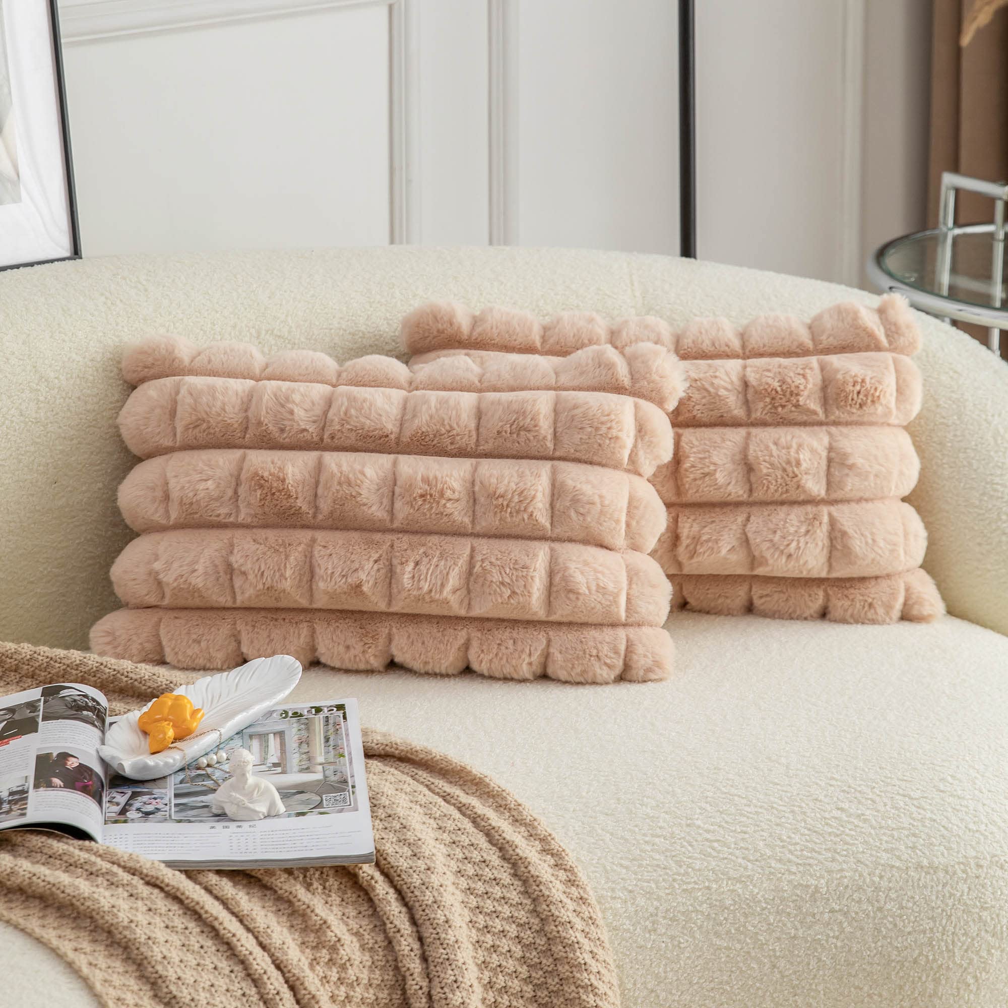 Neelvin Set of 2 Camel Faux Fur Cozy Soft Plaid Decorative Throw Pillow Covers 12x20 inch 30x50cm Velvet Pillowcase Cushion Covers for Sofa Couch — image 1
