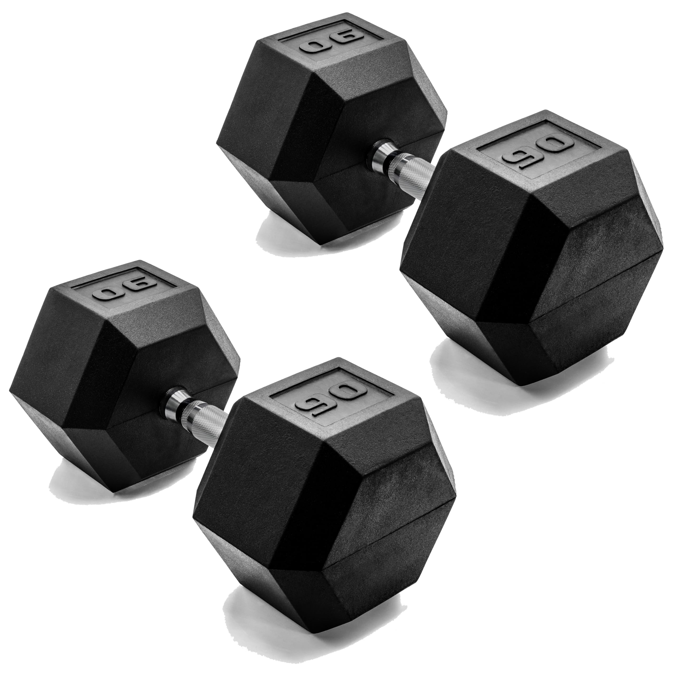 CAP Rubber Coated Dumbbell Weights, Free Weights for Home Gym Strength Training, Anti-Roll Hex Dumbbells with Black, Chrome &amp; Comfort Grip Handles, Pairs &amp; Sets