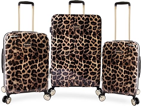 review bebe Women's Adriana 3pc Spinner Luggage Set, Leopard