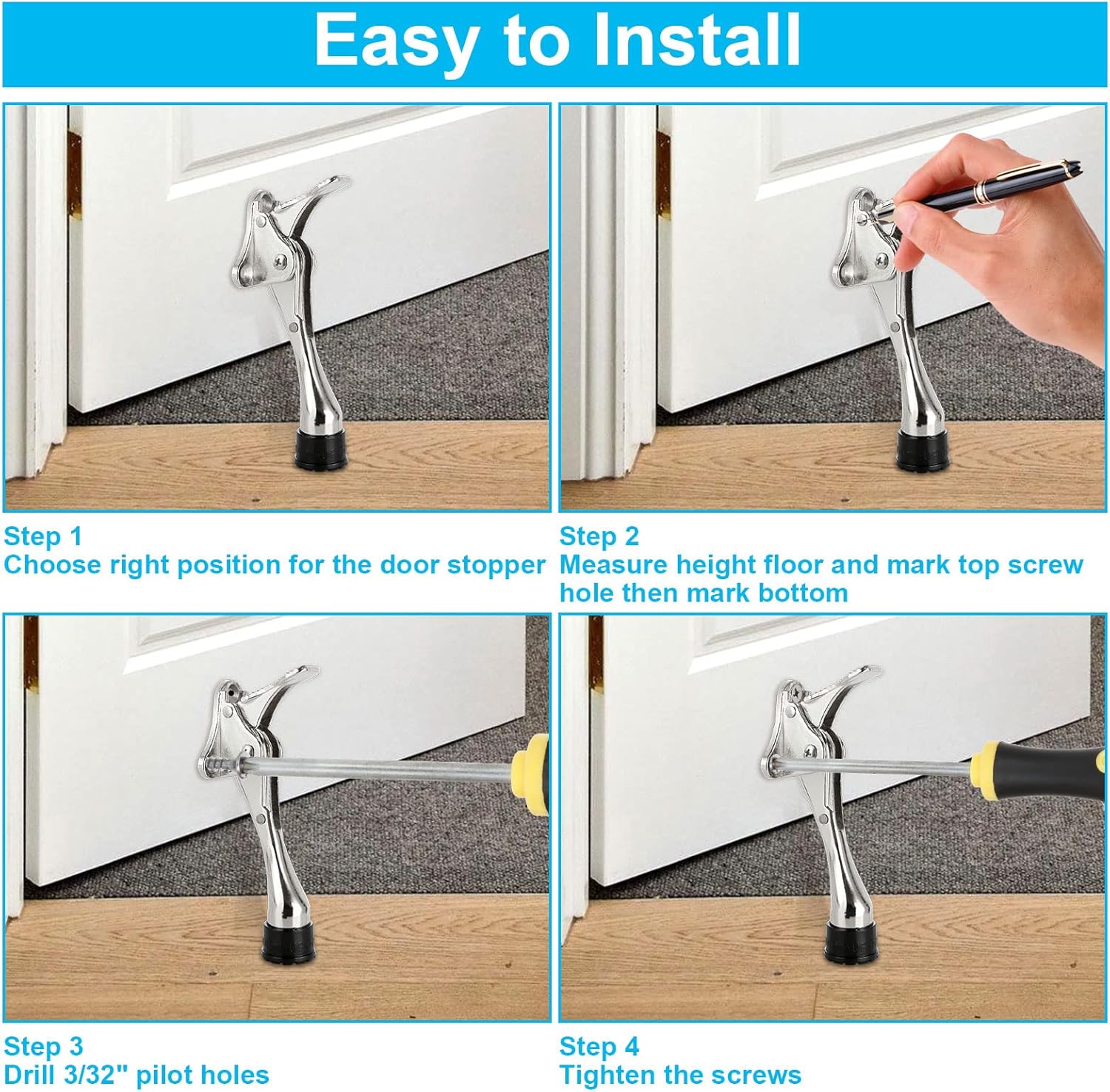6 Pack Kickdown Heavy Duty Door Stop, Commercial Door Stopper with Rubber Tip and Spring Lever, Easy to Kick Down and Release