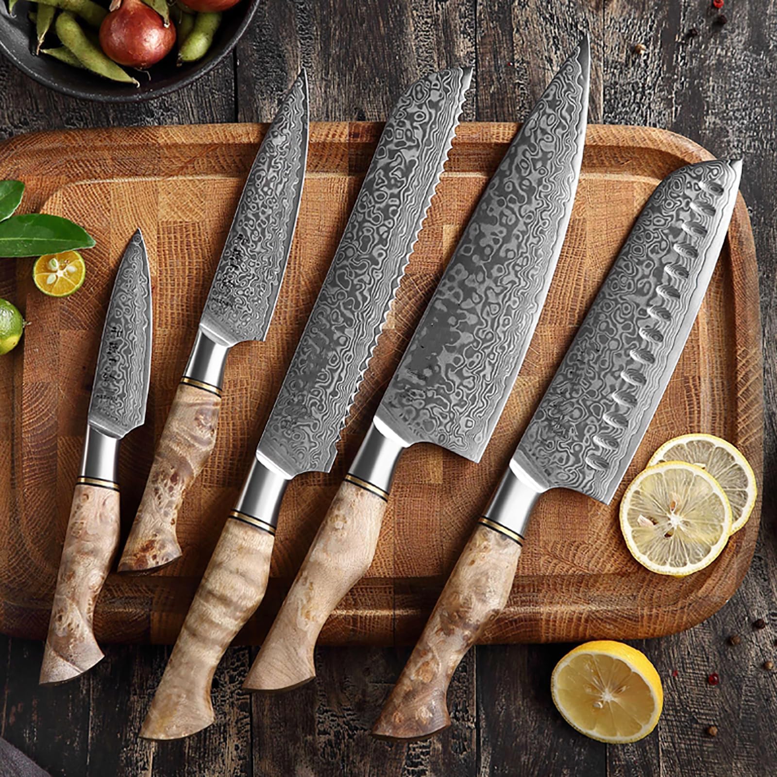 Super Sharp Damascus Kitchen Knife Set Figured Sycamore Wood handle Knife Set 67-Layer Japanese VG10 Steel for Chef