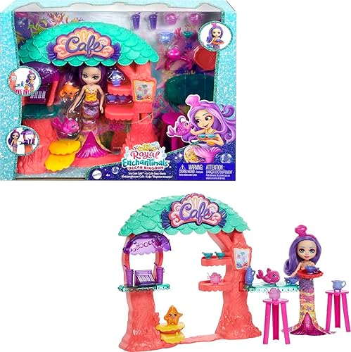 Mattel Enchantimals Sea Cave Cafe Playset (8.8 pulgadas), más de 15 piezas, con muñeca de sirena Martina, 2 bestias animales y accesorios, gran