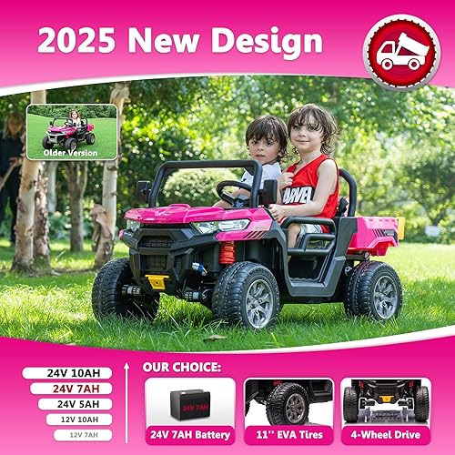 Miniatura 3 de Sopbost Juguetes de paseo de 24 V para niños grandes, camión volquete de 2 plazas con motores de 4 x 75 W, lado a lado, UTV para niños con ruedas