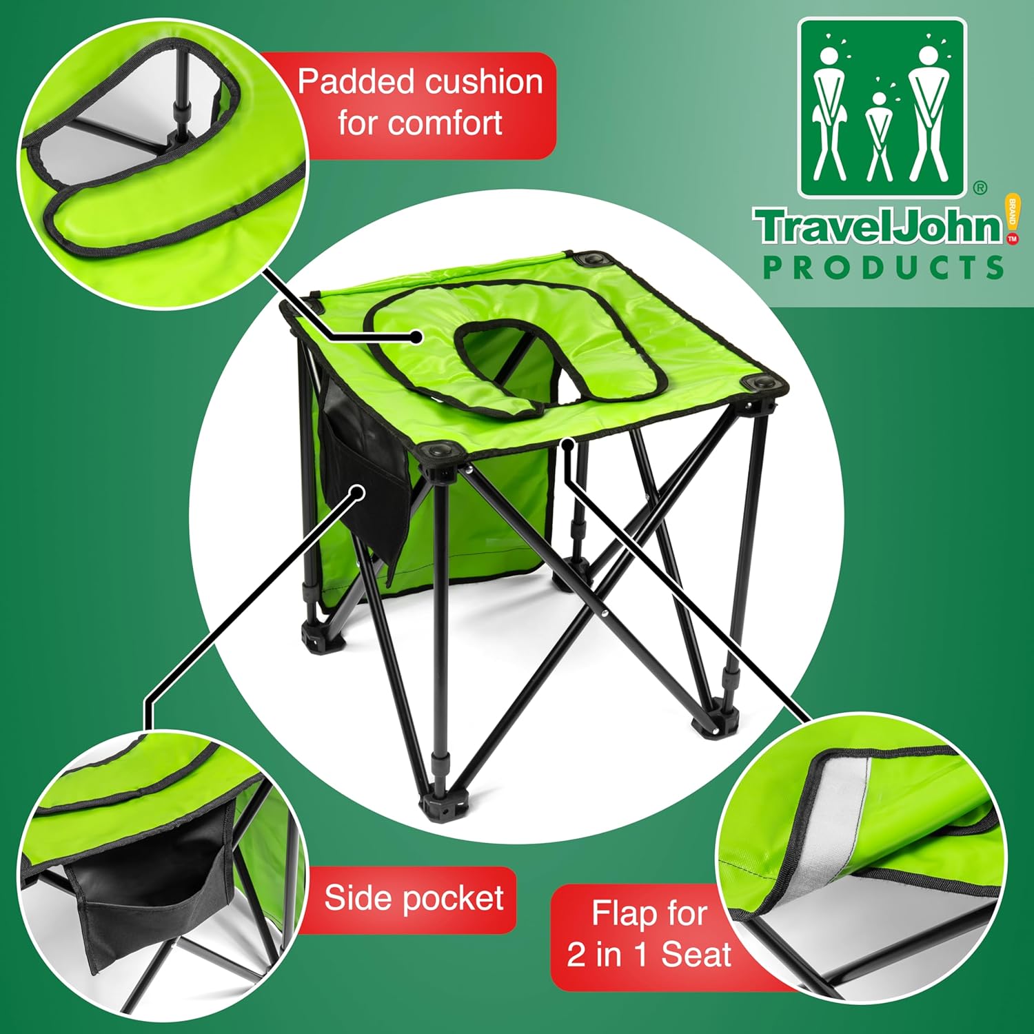 TravelJohn Foldable Commode Chair - Portable Camping Toilet, Steel Frame with Padded Seat, Supports up to 225lbs