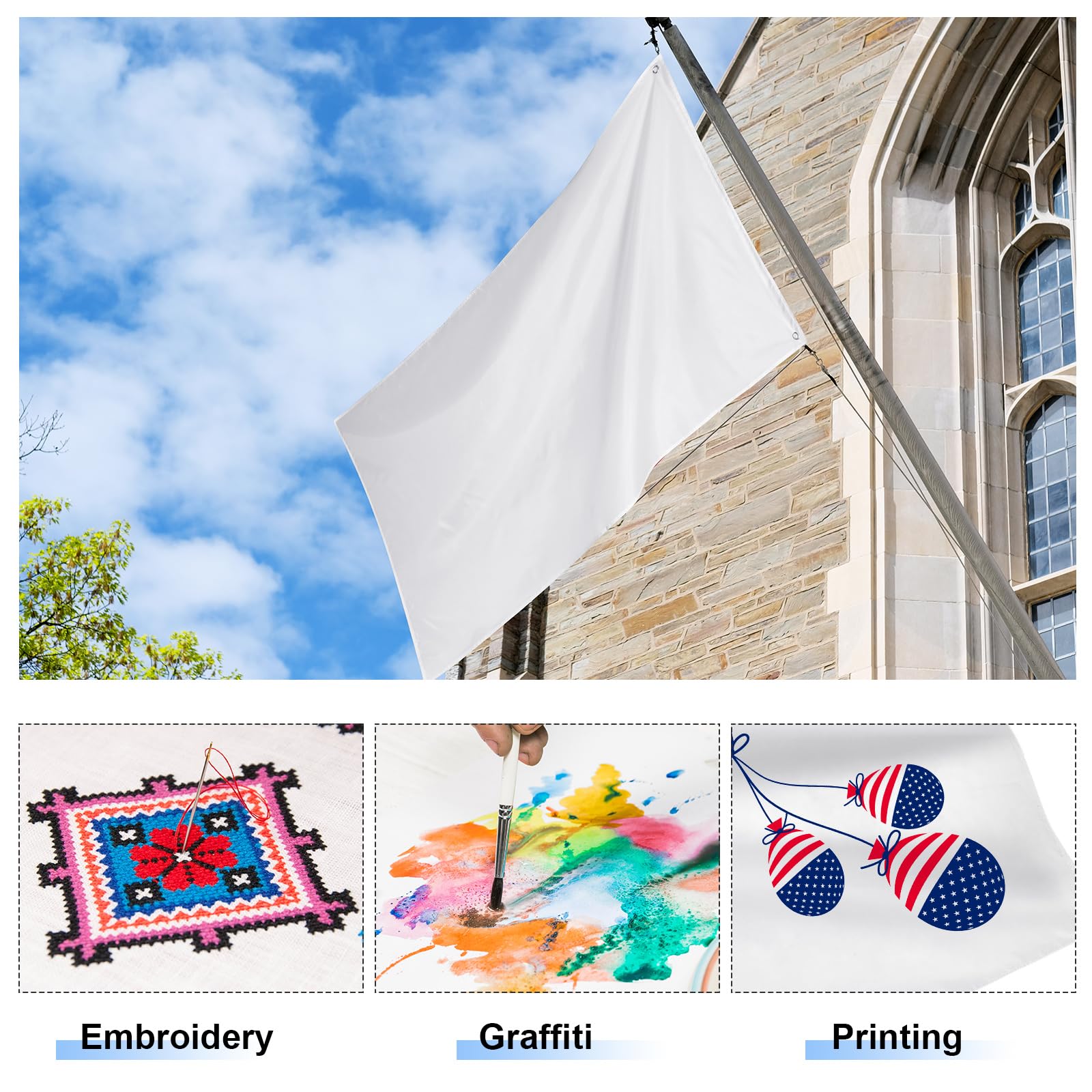 Boao Unifarbene Flaggen, 90 x 150 cm, einfarbig, blanko, Banner, Polyester, doppelt genäht, blanko, Banner mit Ösen für Heimwerker, Garten, Hinterhof, Spielplatz, Dekoration, Weiß, 24 Stück