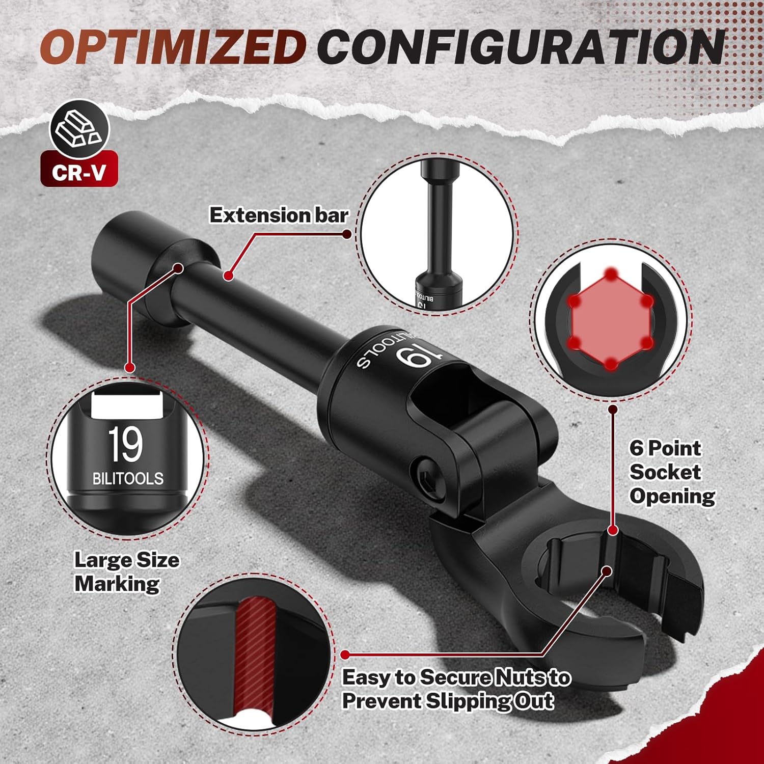 BILITOOLS 6PCS Long Flex Head Crows Foot Line Wrench Set, 3/8" Drive Injector Fuel Line Sockets Wrench Set, Crowfoot Flare Nut Socket Wrench Metric 12 14 16 17 18 19 mm