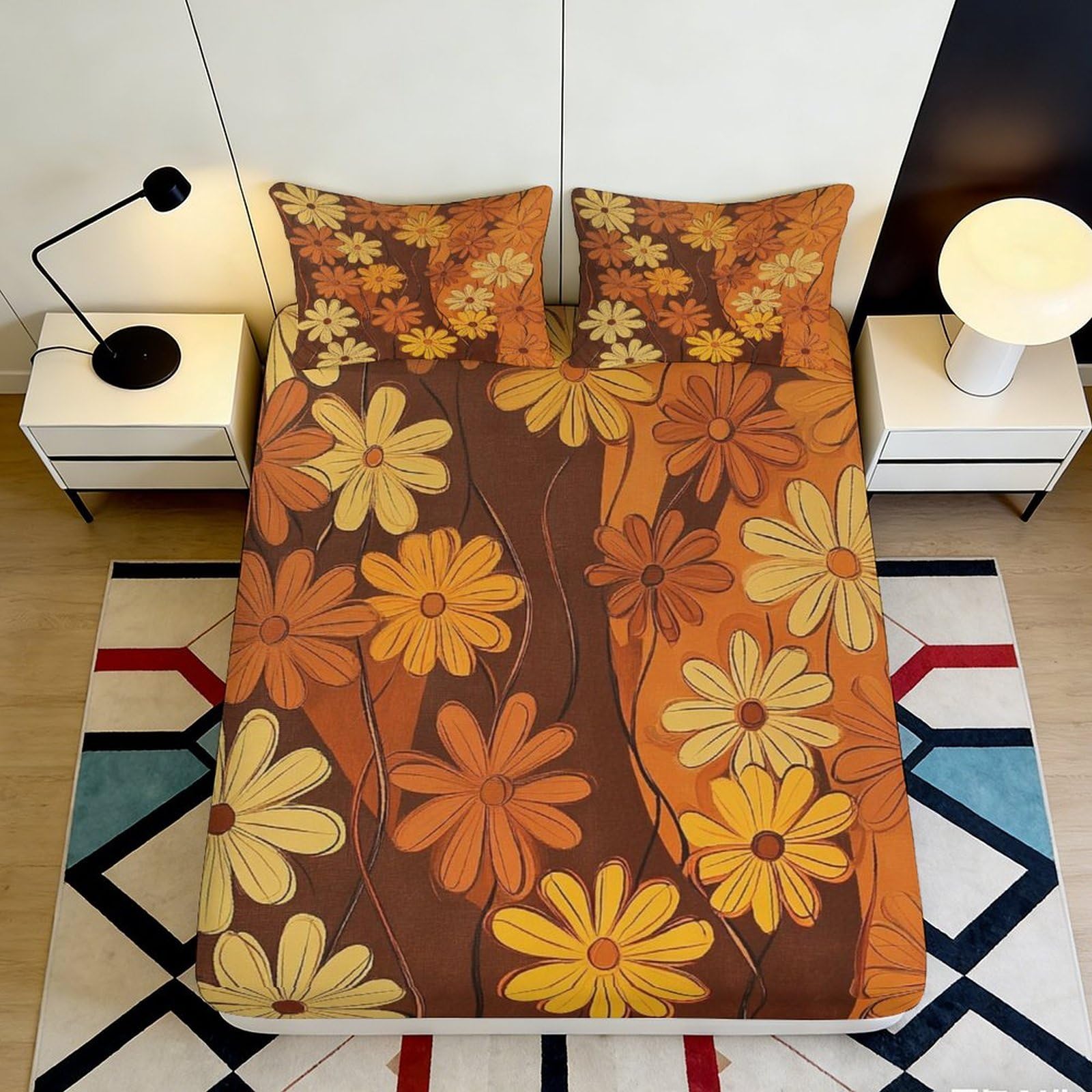 3D Printed Retro Floral Fitted Sheet Microfiber Orange Yellow Daisy Bed Cover for Bedroom Dorm Mattress Protection Decor 140x200x25cm