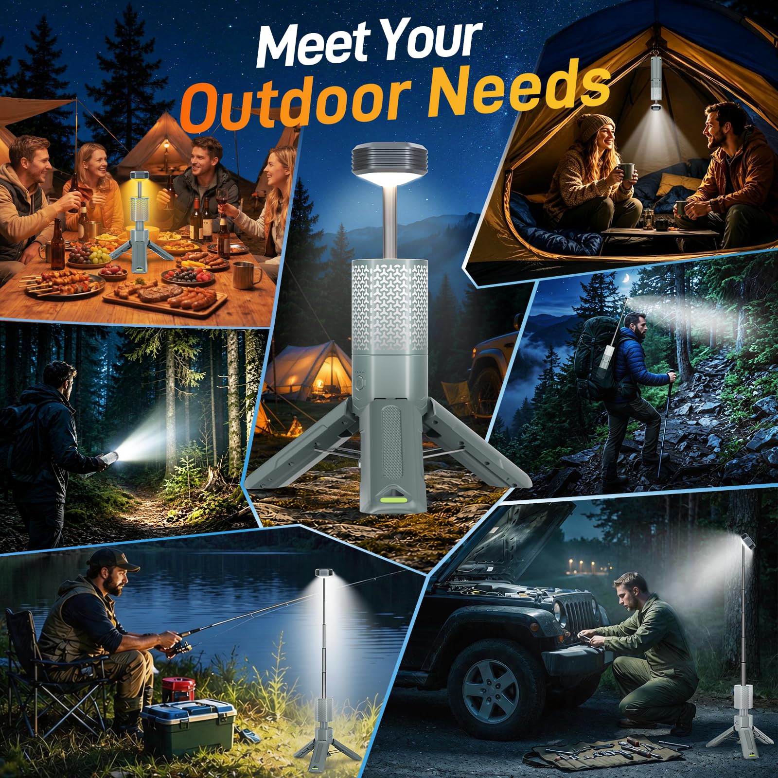 Luces de camping, linterna telescópica de camping con bolsa de almacenamiento, luz de emergencia recargable de 10500 mAh para aventuras al aire libre, luces de trabajo LED impermeables con imán (gris)