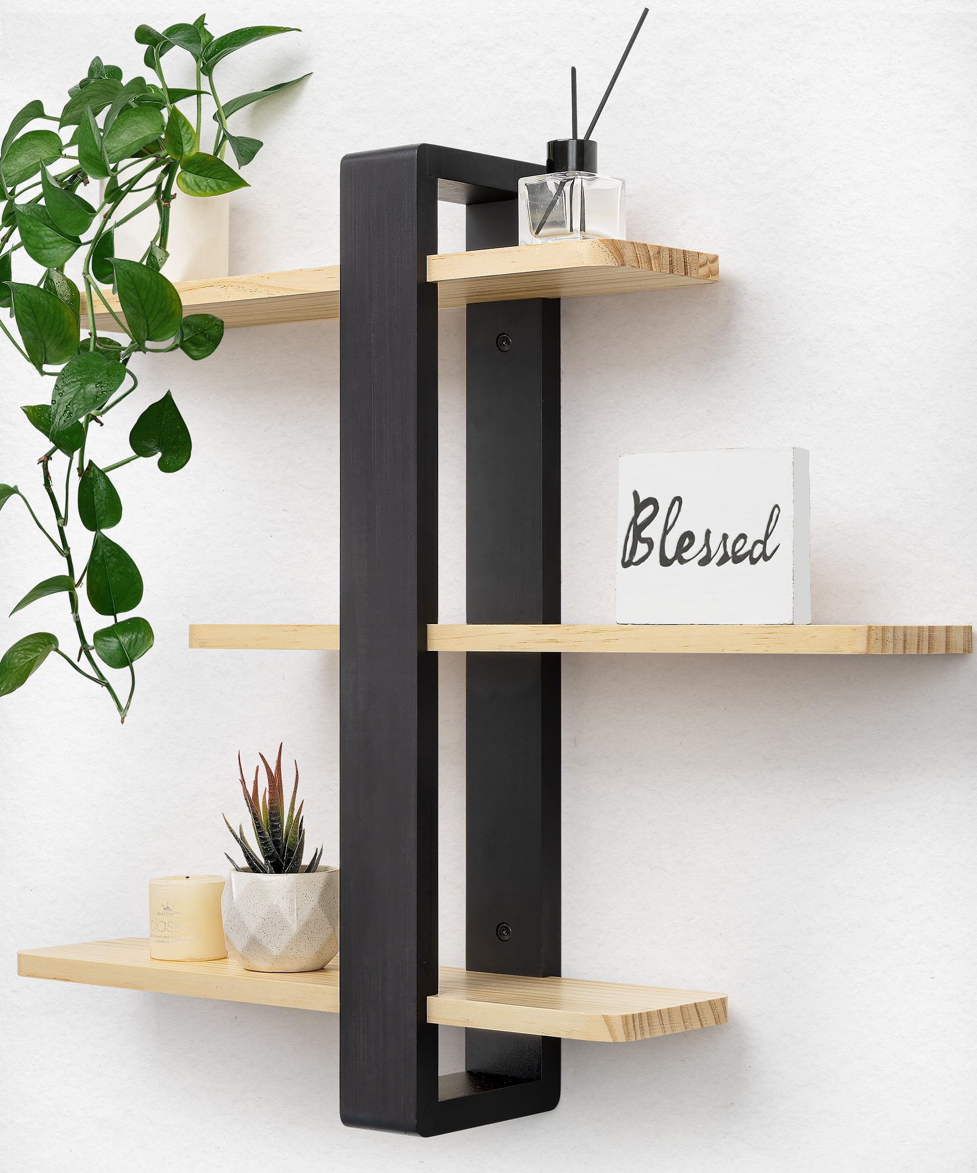 SUMGAR Adjustable Floating Shelves for Wall, 3 Tier Black Wooden Shelf | 50cm Wall Shelf Unit, Pine Shelf for Storage and Decor, Display Shelf for Plant, Picture, Book, for Living Room, Bedroom
