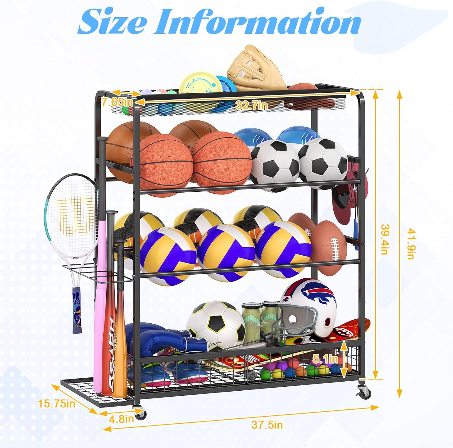 Basketball Hoop,Wheeled Sports Ball Storage Rack,Double-Row Basketball Hoop Holds 16+ Balls,Ball Storage Rack with Baseball Bat Holder and Hooks,Stores Basketballs,Soccer Balls,Footballs,etc.-Black