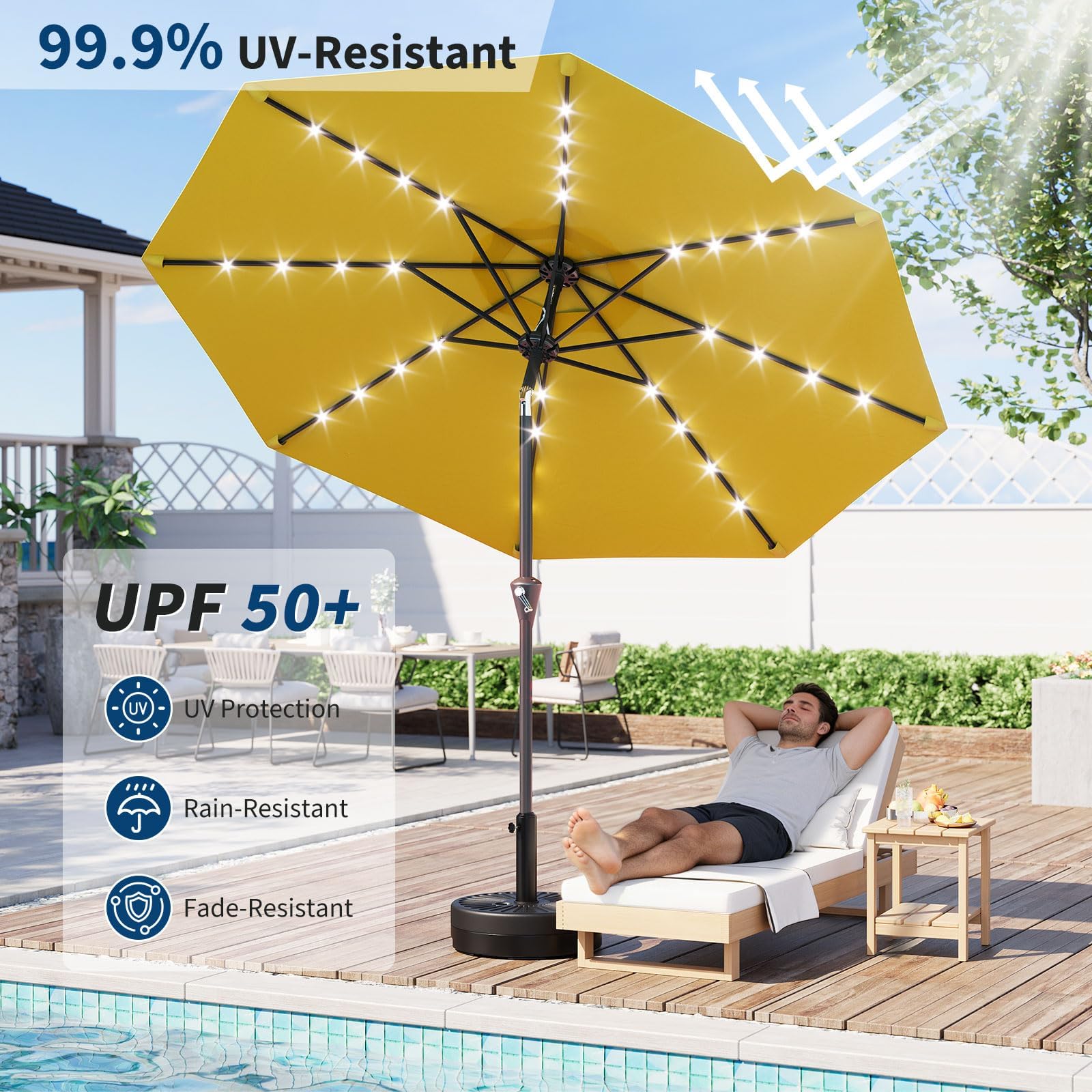 Garvee Sombrilla de Jardín LED Solar 300 cm, Parasol Exterior de Poliéster 180g/m² con 8 Varillas Acero, Manivela, Inclinación 30° Ajustable y Protección UV, Ideal para Terraza y Patio