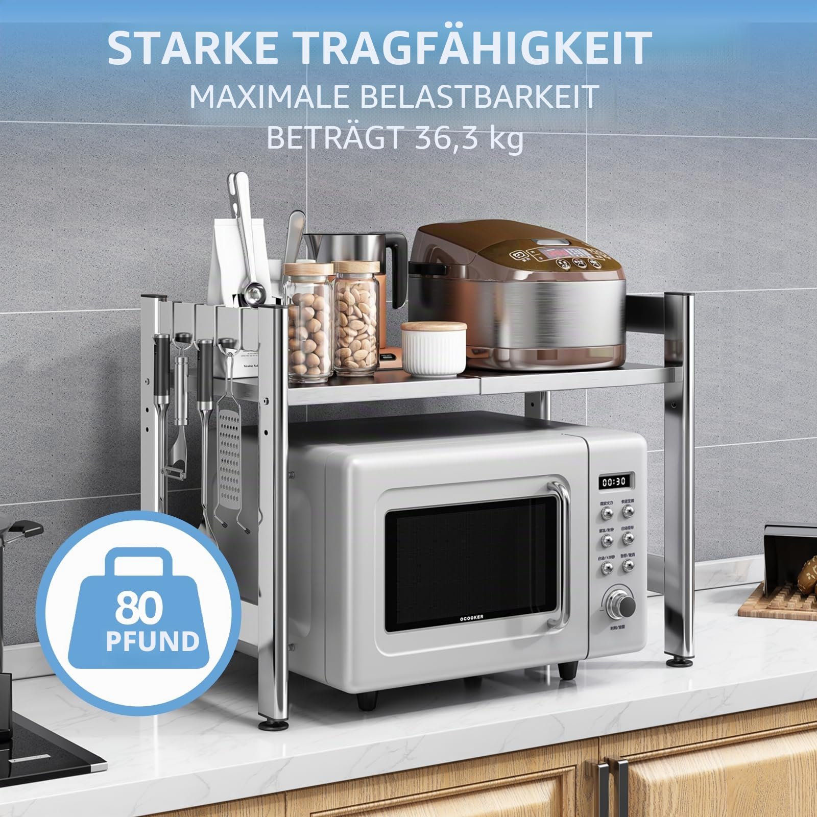 Ausziehbares und verstellbares Mikrowellen-Regal, Küchenthekenregal, Küchenutensilien-Aufbewahrung, Edelstahl, 2-stöckig, mit Arbeitsplatte