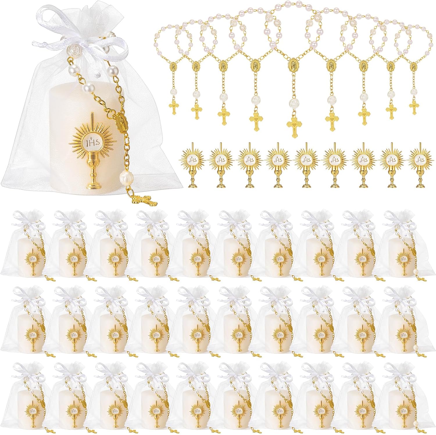 MTLEE 32 Set First Communion Favors for Guests, Catholic Baptism Favors Mini Rosary White First Holy Communion Candles with Chalice Emblem Organza Bags for Christening Religiosos Party Gift