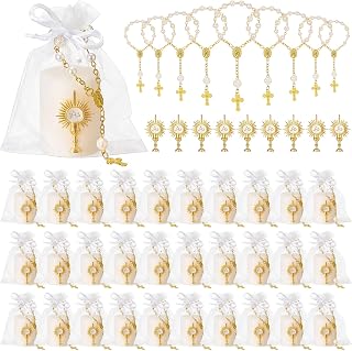 MTLEE 32 Set Baptism Party Favor Bulk Baptism Candle Rosary Set | Catholic Bautizo First Holy Communion Candles with Chalice Emblem Organza Bags for Church Prayer Christening Gift