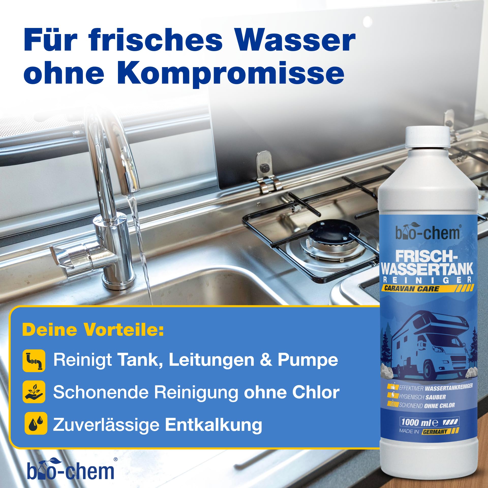 bio-chem Camping Hygiene Zusätze Set 3-teilig | Mit Sanitärflüssigkeit 1L, Frischwassertank-Reiniger 1L und Grauwassertank-Zusatz 1L | Campingtoiletten-Zusätze