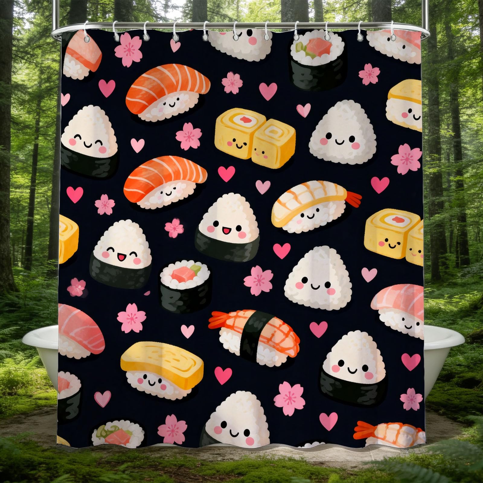 Hongduo White 3D Cartoon Sushi Shower Curtain For Stalls Bathtubs Children Teenagers Bathroom Decor Shower Curtain Set Polyester Fabric Waterproof 180X200cm/71X79 Inch With Hooks