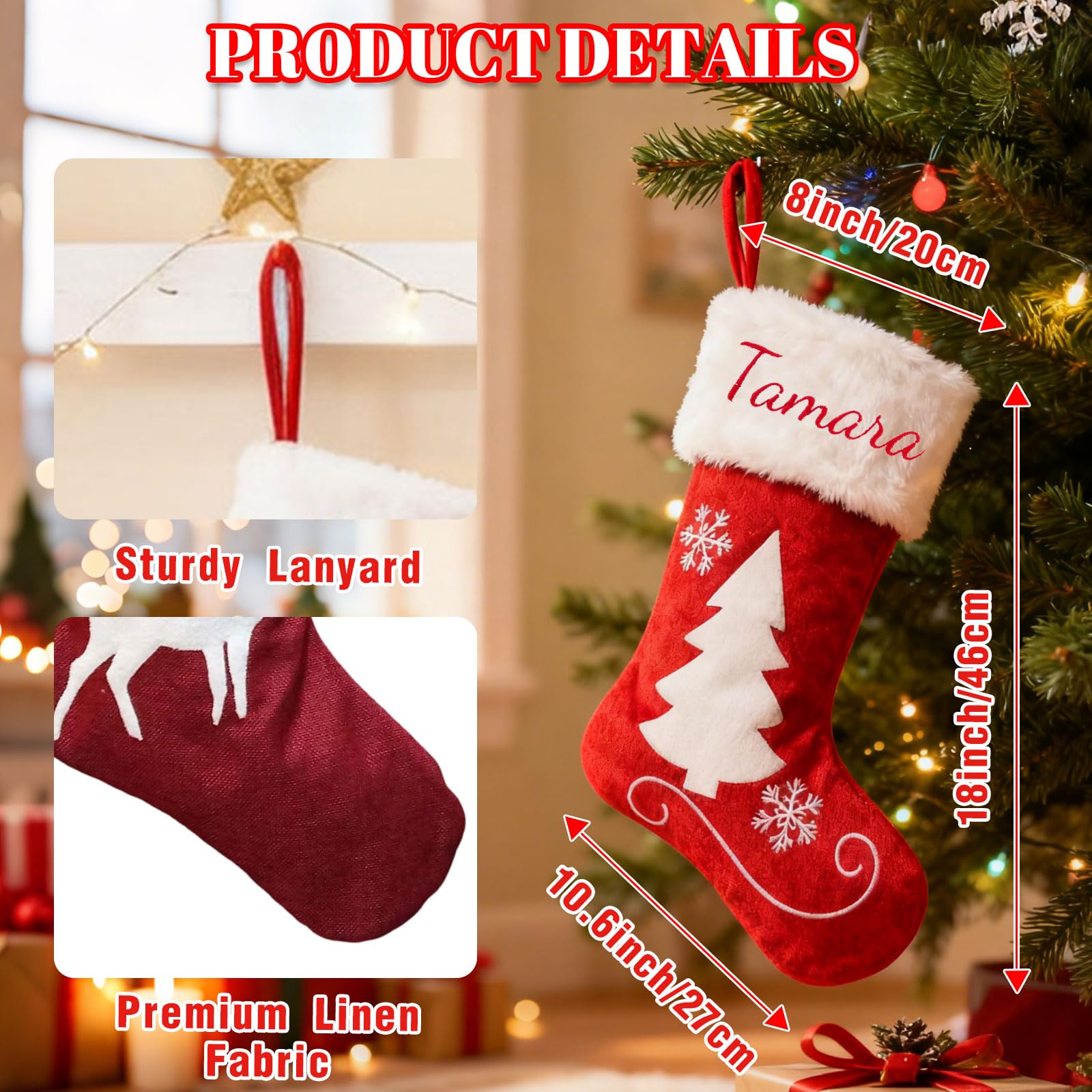 Generisch 4 PCS Personalisiert Weihnachtsstrumpf, Namensstickerei, 44 cm | Roter Samtstoff Nikolausstrumpf mit Weihnachtsmann, Schneemann & Pinguin, Familien-Weihnachtsdeko, 17 Zoll