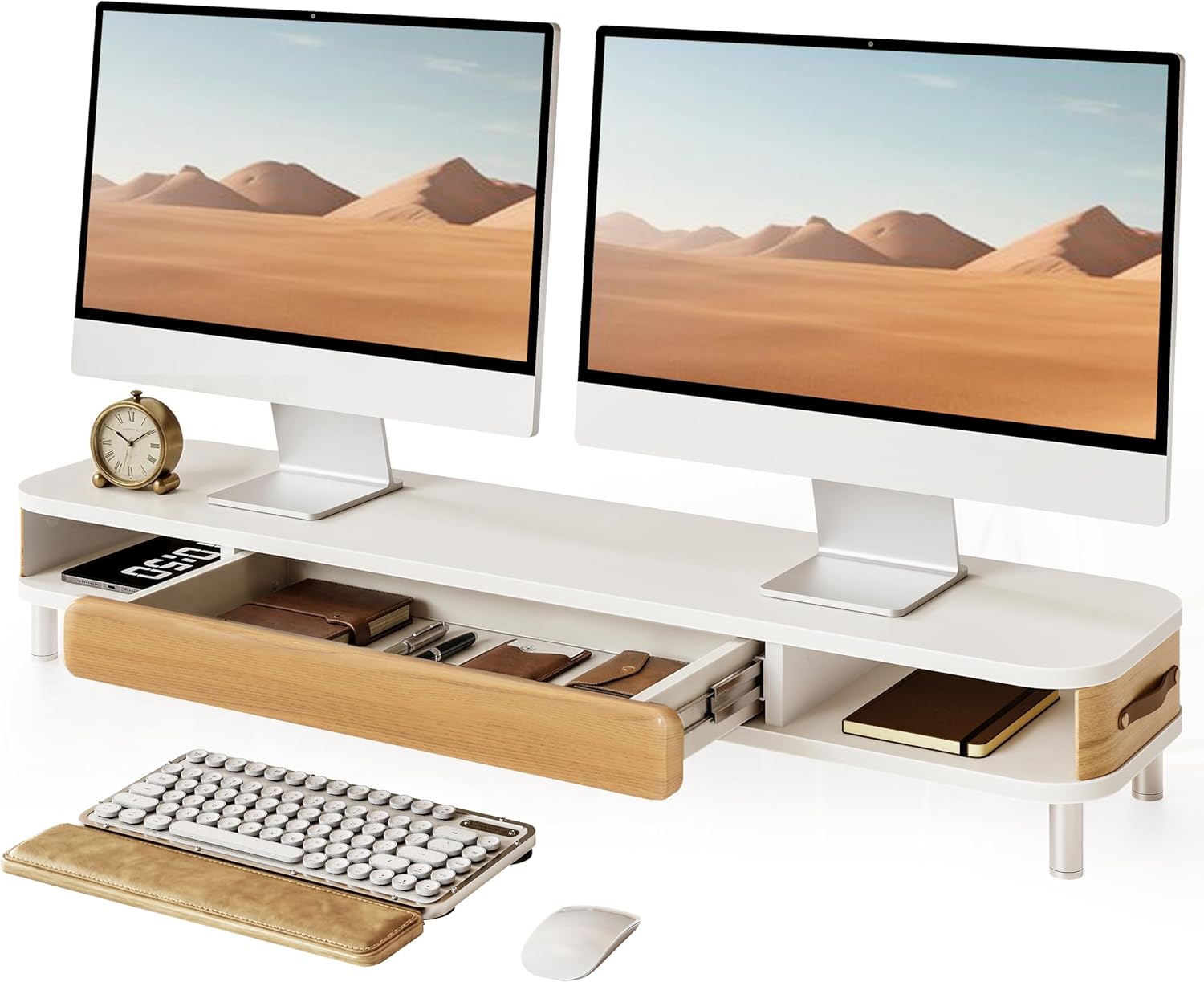 Fenge Monitor Stand with Large Drawer, 42.5 Inch Dual Monitor Riser for 2 Monitors, Ergonomic Computer Desk Shelf with Soft Touch Leather & Storage Organizer for Laptop, Computer, TV, PC, Printers