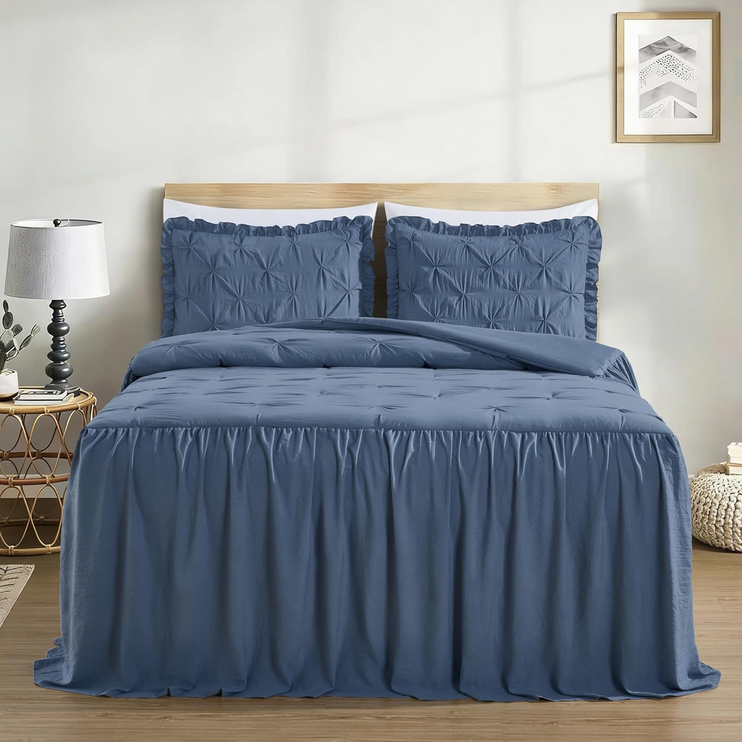 Chezmoi Collection Aria 3-Piece Pinch Pleat Pintuck Ruffle Skirt Bedspread Set - French Country Chic Farmhouse - Full, Dusty Blue