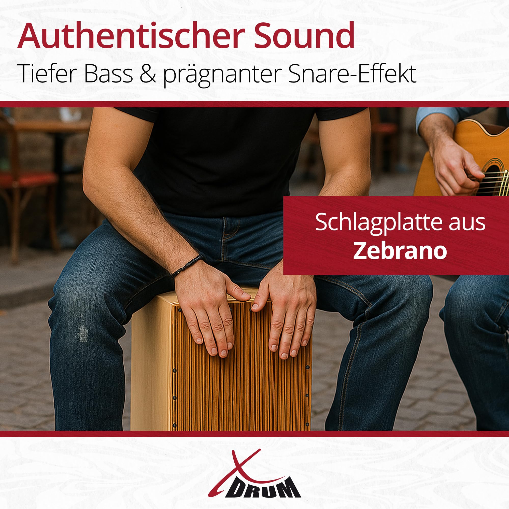 XDrum PERC CP-484 Cajon Peruana Zebrano Set incl. Scuola di Cajon | Suoni di basso e snare molto differenziati e presenti, Battente da 3 mm in Zebrano, Corpo in betulla da 9 mm (7 strati), 5 cm