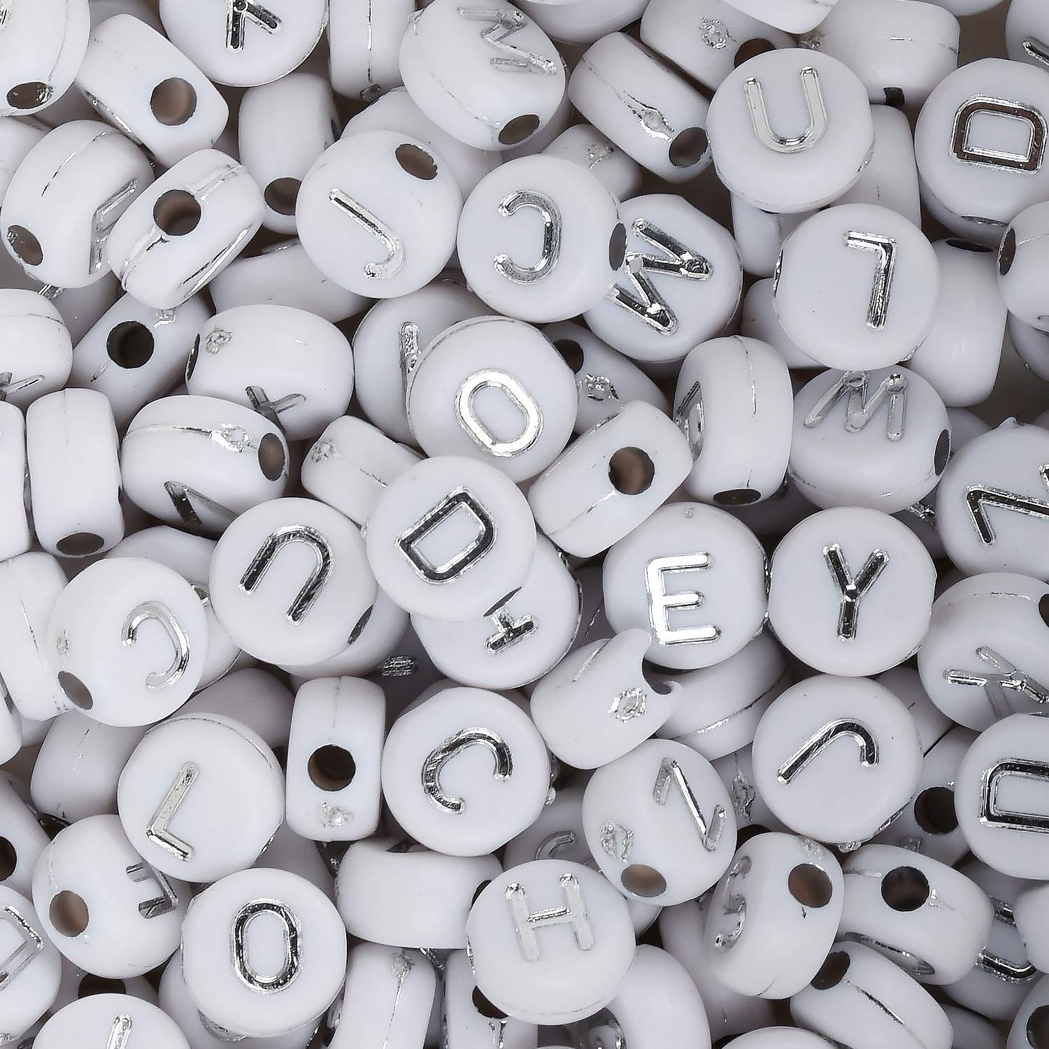 Rosebeading 10313050 7Mm White & Silver Alphabet Beads, Acrylic Abc Letter Beads, Abc, Name Beads, Letter A-Z Round Spacer Bead, 100Pcs/Lot