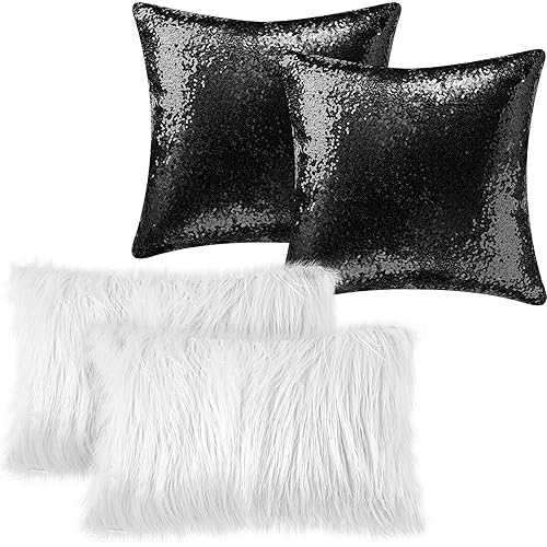 4 Pcs Sequin and Fluffy Pillow Cases Winter Faux Fur Throw Pillow Covers Glitter Pillow Cases Soft Fuzzy Cushion Cover for Couch Bed Sofa Christmas Day (Black, White, 12 x 20 Inch)