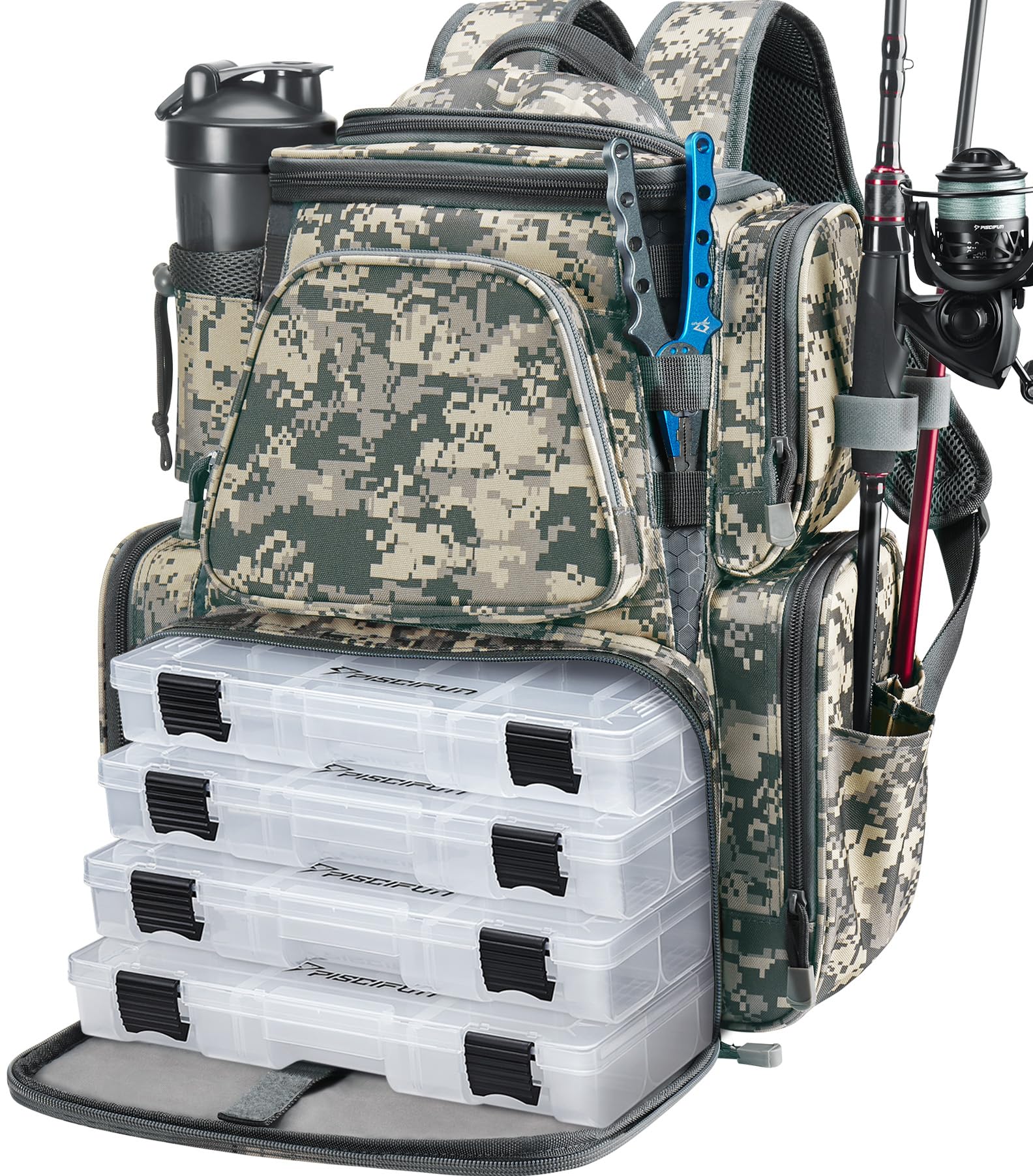 Piscifun Fishing Tackle Backpack with 4 Trays Large Capacity Waterproof Fishing Tackle Bag with 4 Tackle Boxes and Protective Rain Cover Digital Camouflage โ image 1