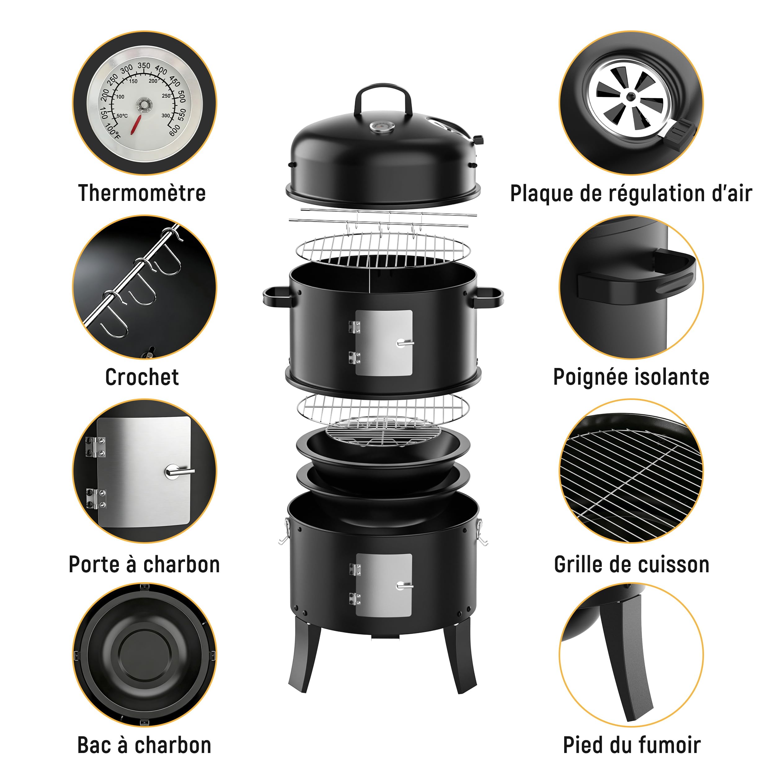 Barbecue Fumoir 3 en 1, Smoker Fumoir au Charbon pour Fumoir Viande et Poisson, Version A Froid avec Thermomètre et Évacuation d'Air Réglable, Barbecue charbon 2 Grilles Inox