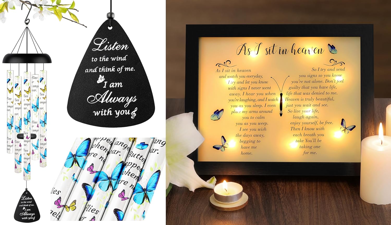 Fabuday Memorial Bundle Butterfly 19 - Memorial Gifts Wind Chimes & LED Shadow Box