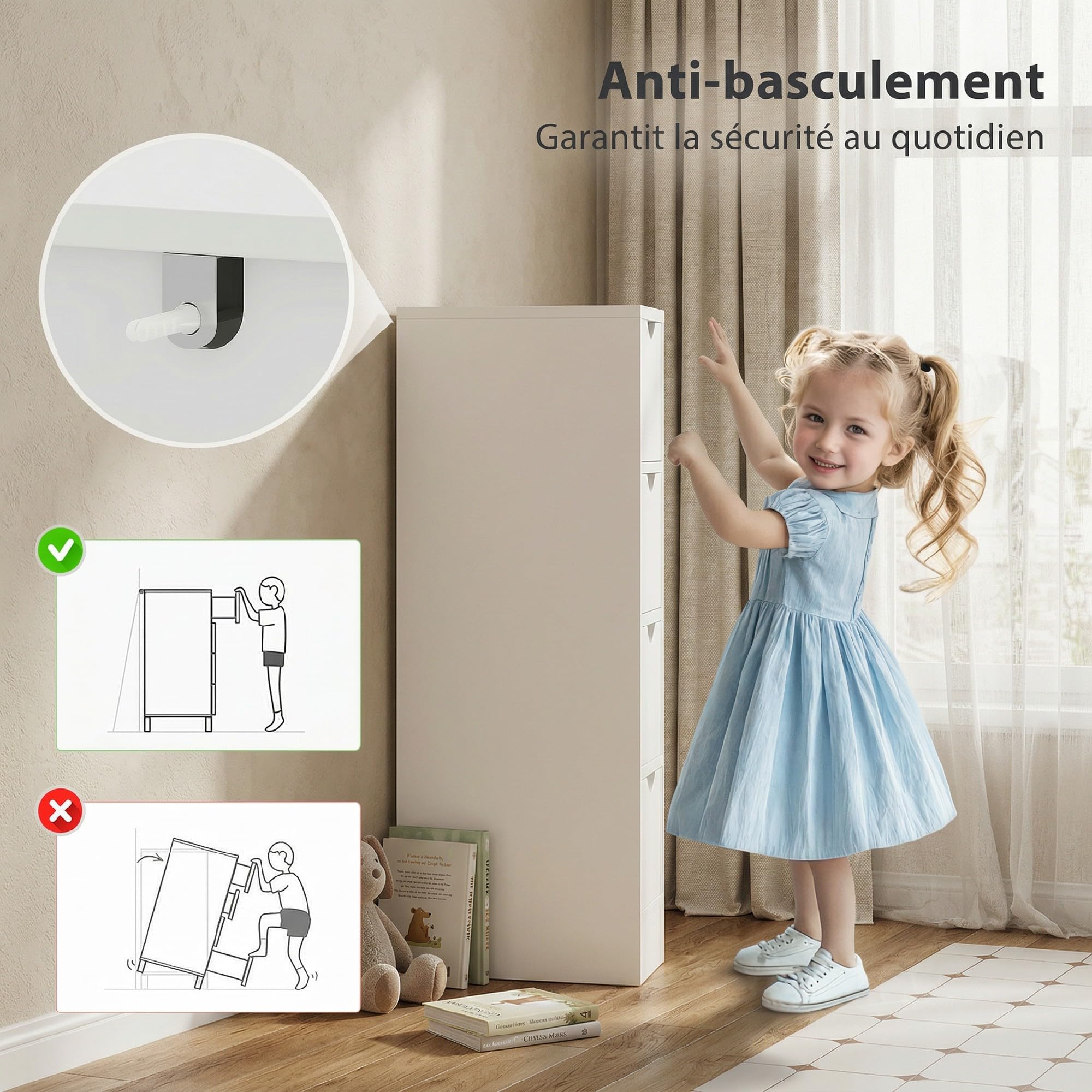 HOMCOM Meuble de Salle de Bain Meuble de Rangement 29 x 29 x 83 cm Blanc | 4 Tiroirs, Poignées Encastrées, Armoire Salle de Bain, Chambre, Salon, Idéal pour Petits Espaces
