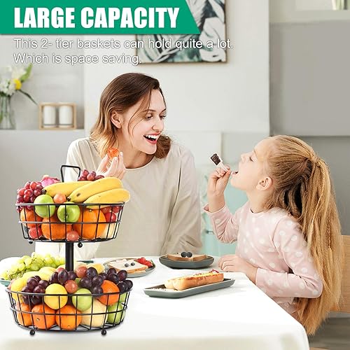 Miniatura 6 de TomCare Cesta de frutas de metal de 2 niveles cesta de pan cesta de frutas desmontable organizador de frutas grande cestas de almacenamiento de Negro