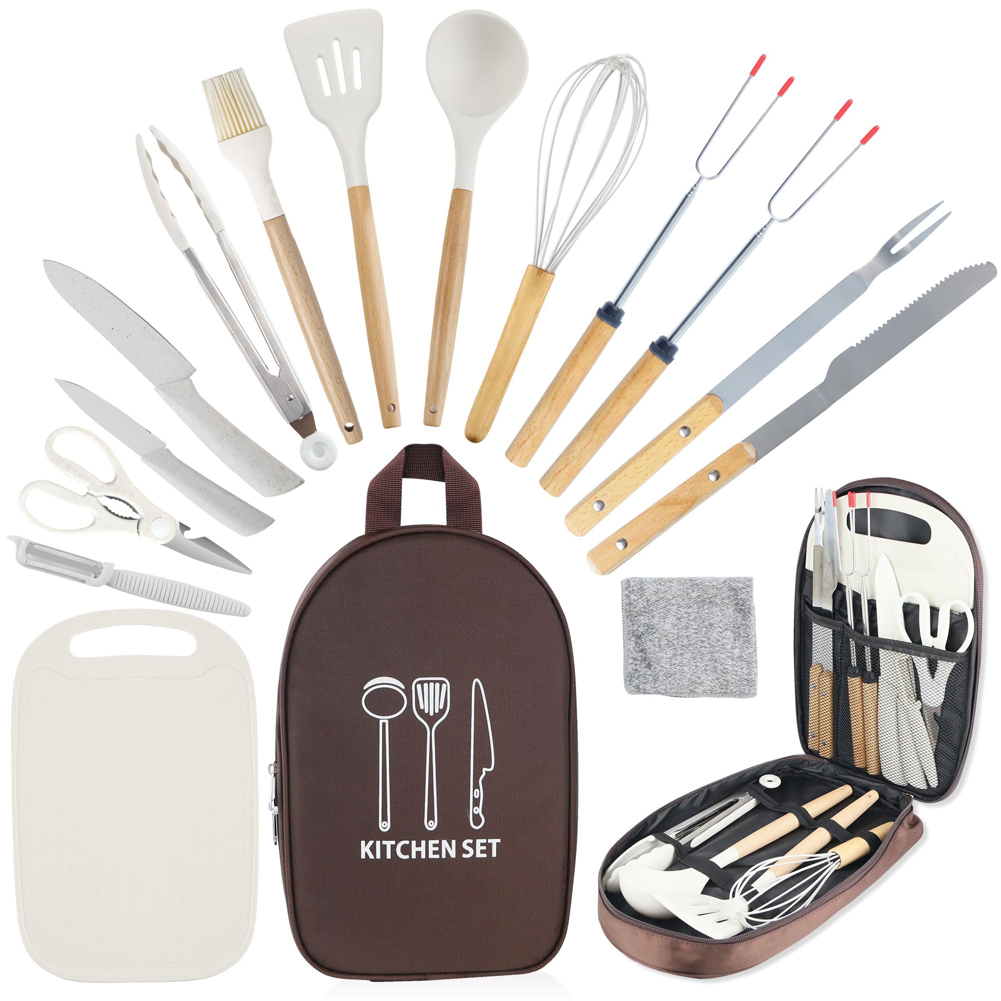 Camkinger Camping Accessories Kitchen Cooking Utensils Set - Portable Outdoor Camp Cookware Set, Silicone Camper Essentials Gear Must Have Supplies for Travel RV BBQ Grill Picnic Hiking